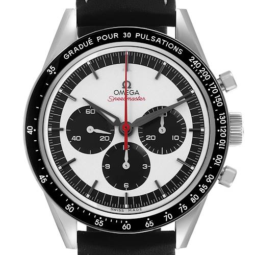 The Omega Speedmaster 311.32.40.30.02.001 Men's Stainless Steel Silver Dial watch is shown from a front angle, highlighting the dial and chronograph features.