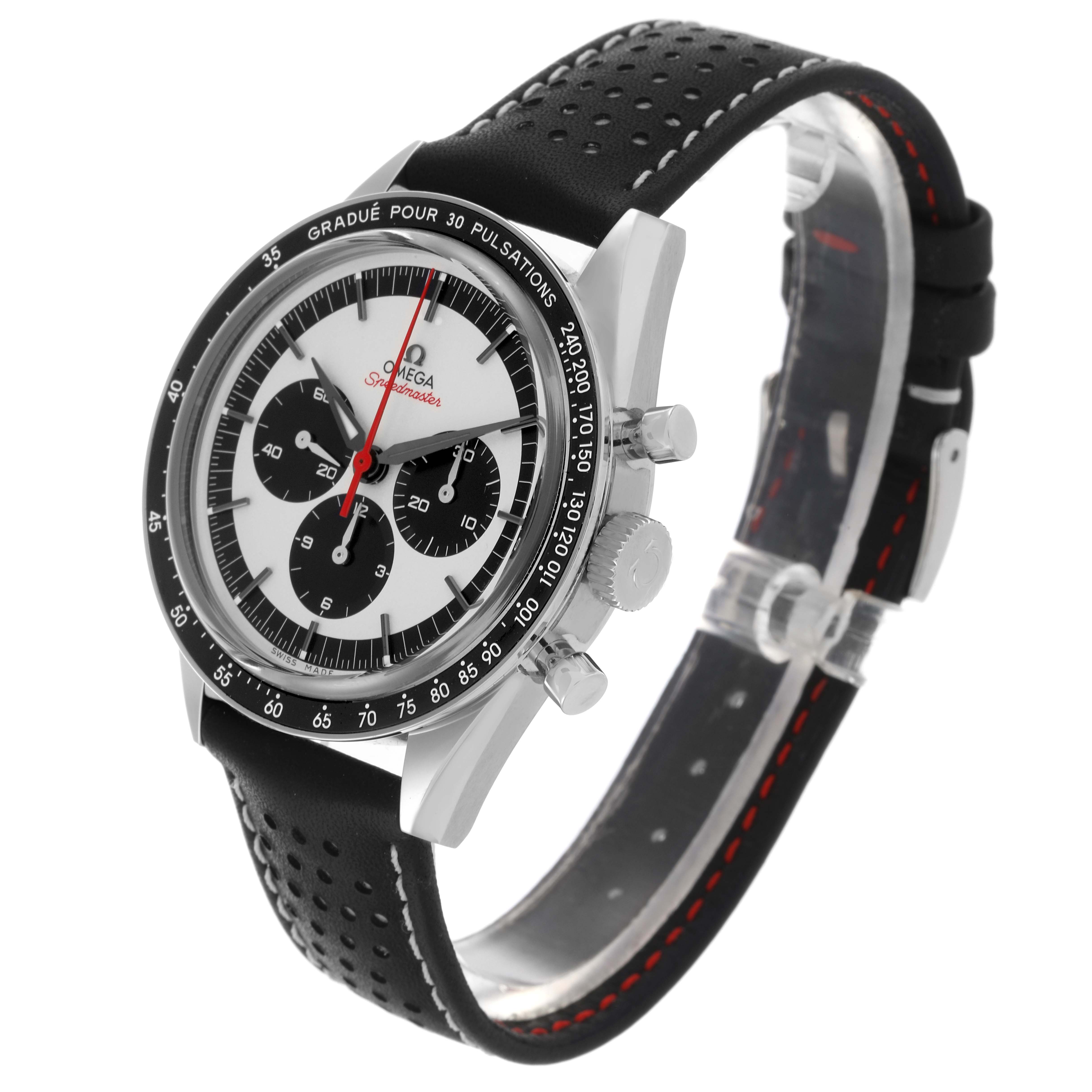 The Omega Speedmaster 311.32.40.30.02.001 Men's Stainless Steel Silver Dial watch is shown at a three-quarter angle, highlighting the face, bezel, and pushers with a perforated black strap.