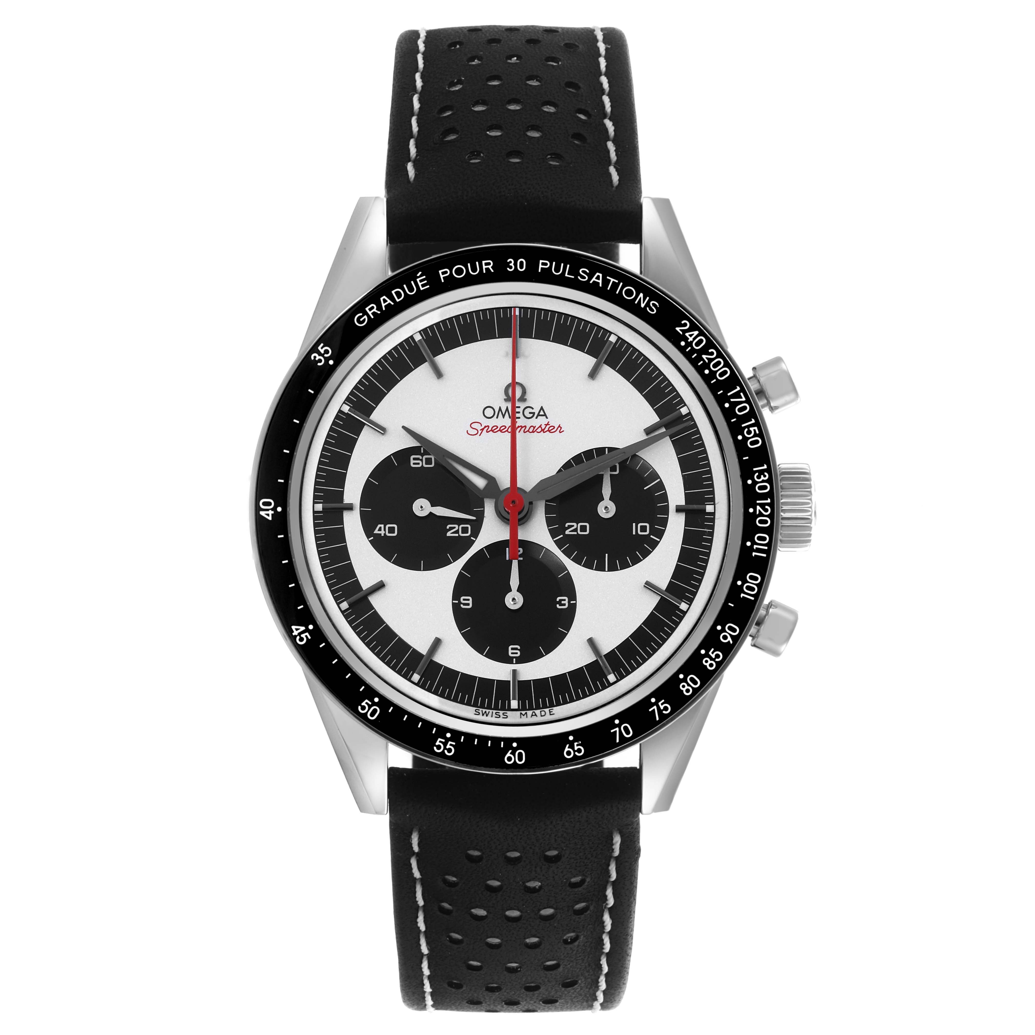 The Omega Speedmaster 311.32.40.30.02.001 Men's Stainless Steel Silver Dial watch is shown from the front, displaying the dial, bezel, and leather strap.