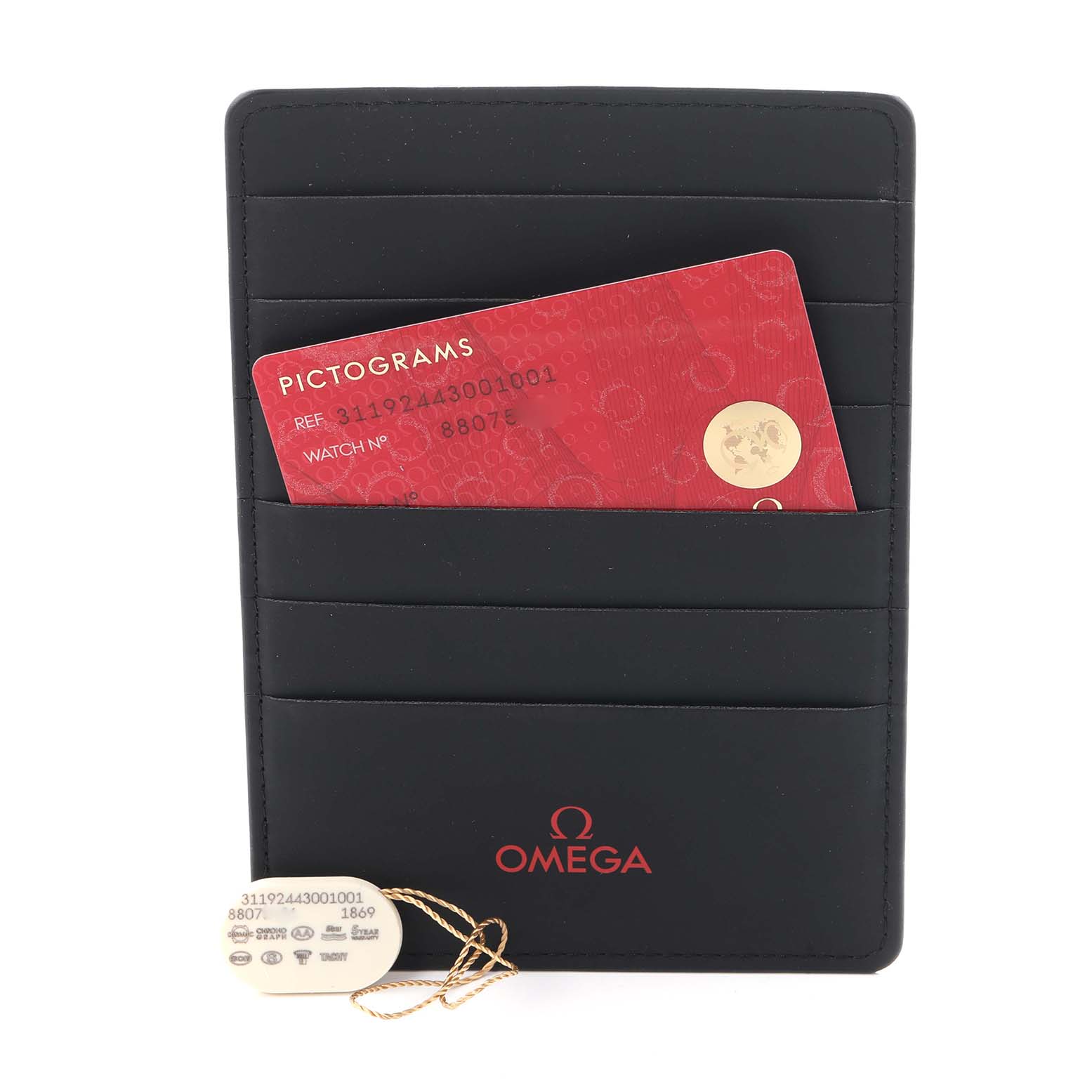 The image shows Omega Speedmaster 311.92.44.30.01.001 Men
s Ceramic Black Dial accessories, including a cardholder with a red pictogram card and a tag, viewed from the front.