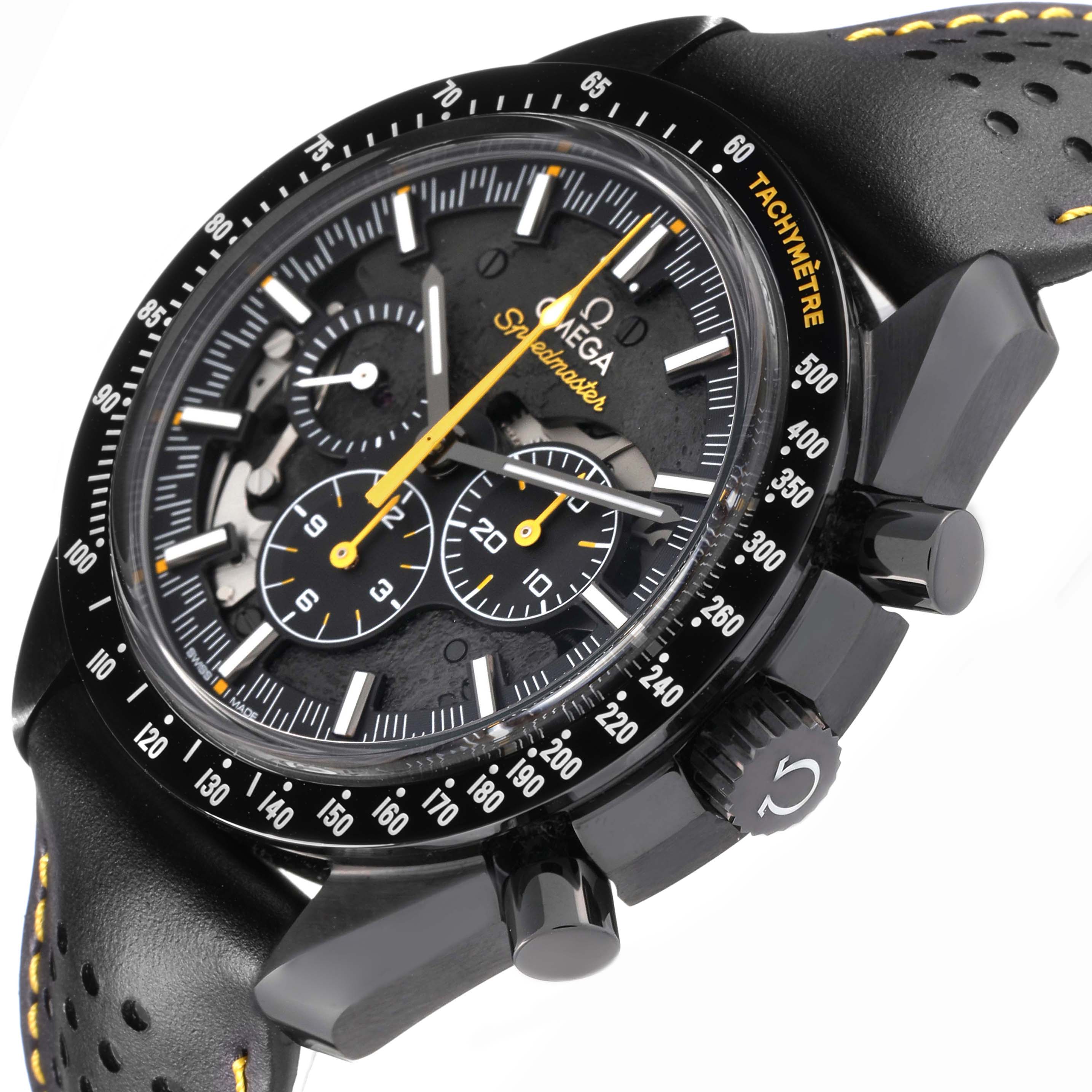 The Omega Speedmaster 311.92.44.30.01.001 Men
s Ceramic Black Dial model is shown at an angle displaying the face, bezel, crown, and chronograph buttons.