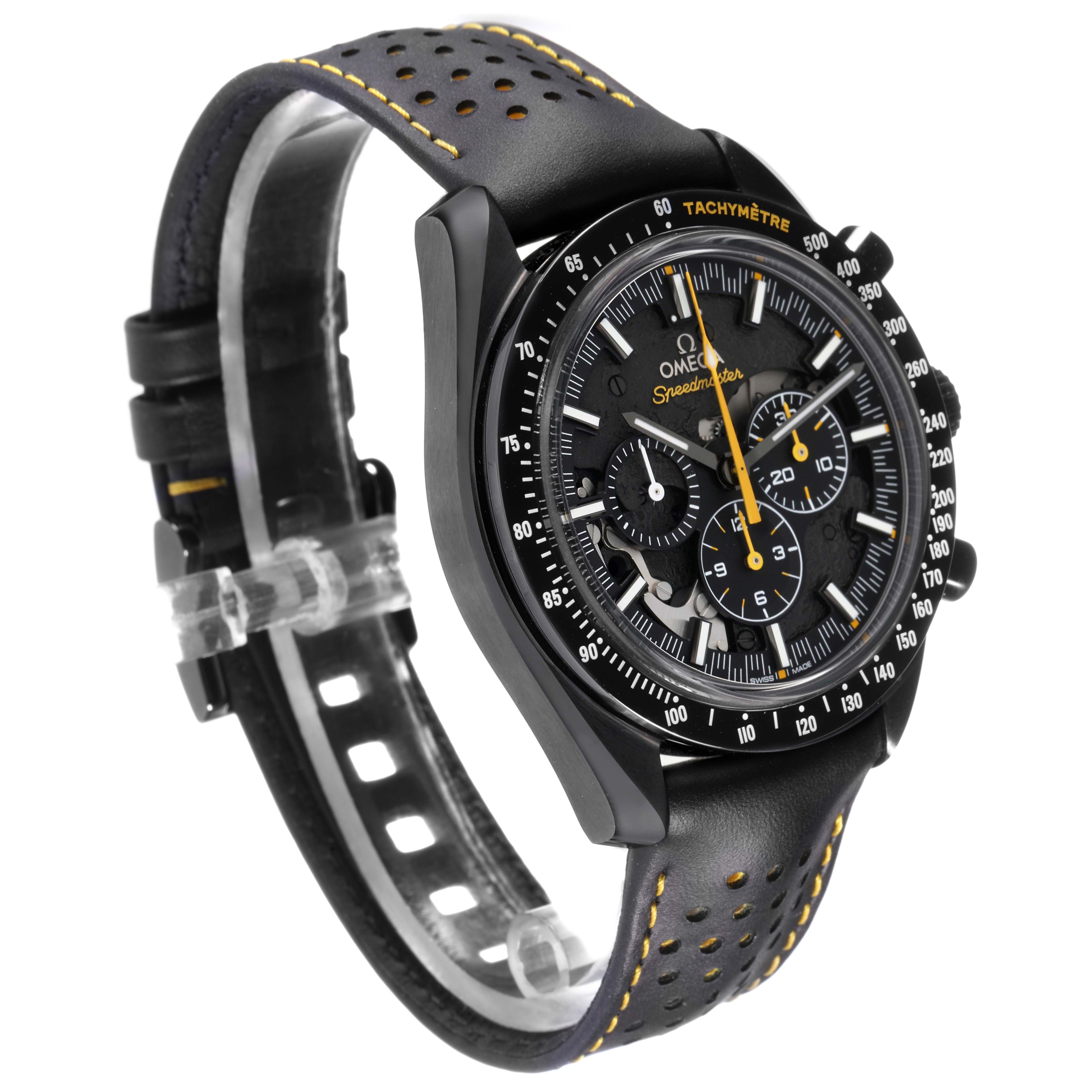 The Omega Speedmaster 311.92.44.30.01.001 Men
s Ceramic Black Dial watch is shown at a three-quarter angle, highlighting the dial, bezel, and perforated leather strap.