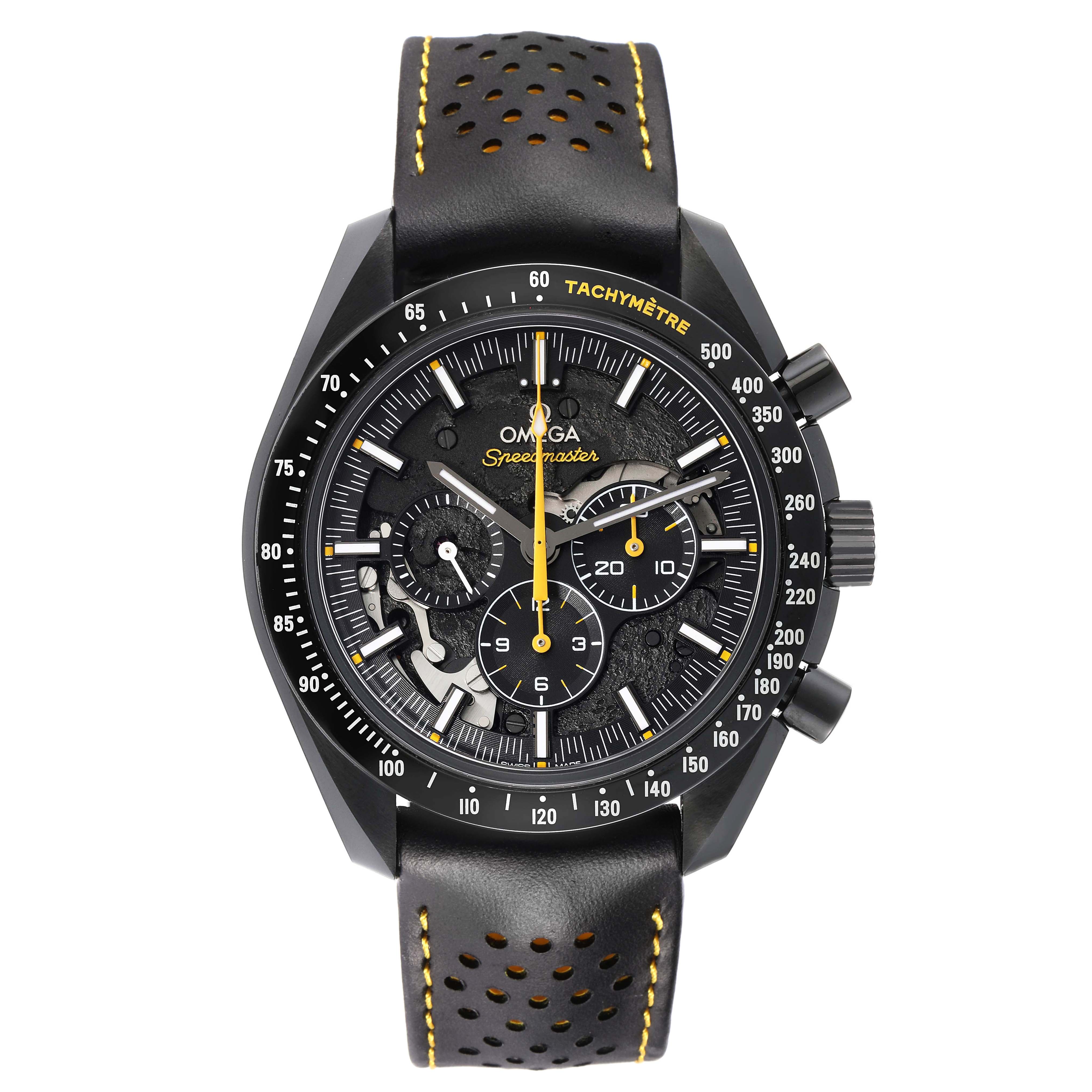 The Omega Speedmaster 311.92.44.30.01.001 Men
s Ceramic Black Dial watch is shown from a front angle, displaying the face, bezel, and perforated leather strap with yellow stitching.