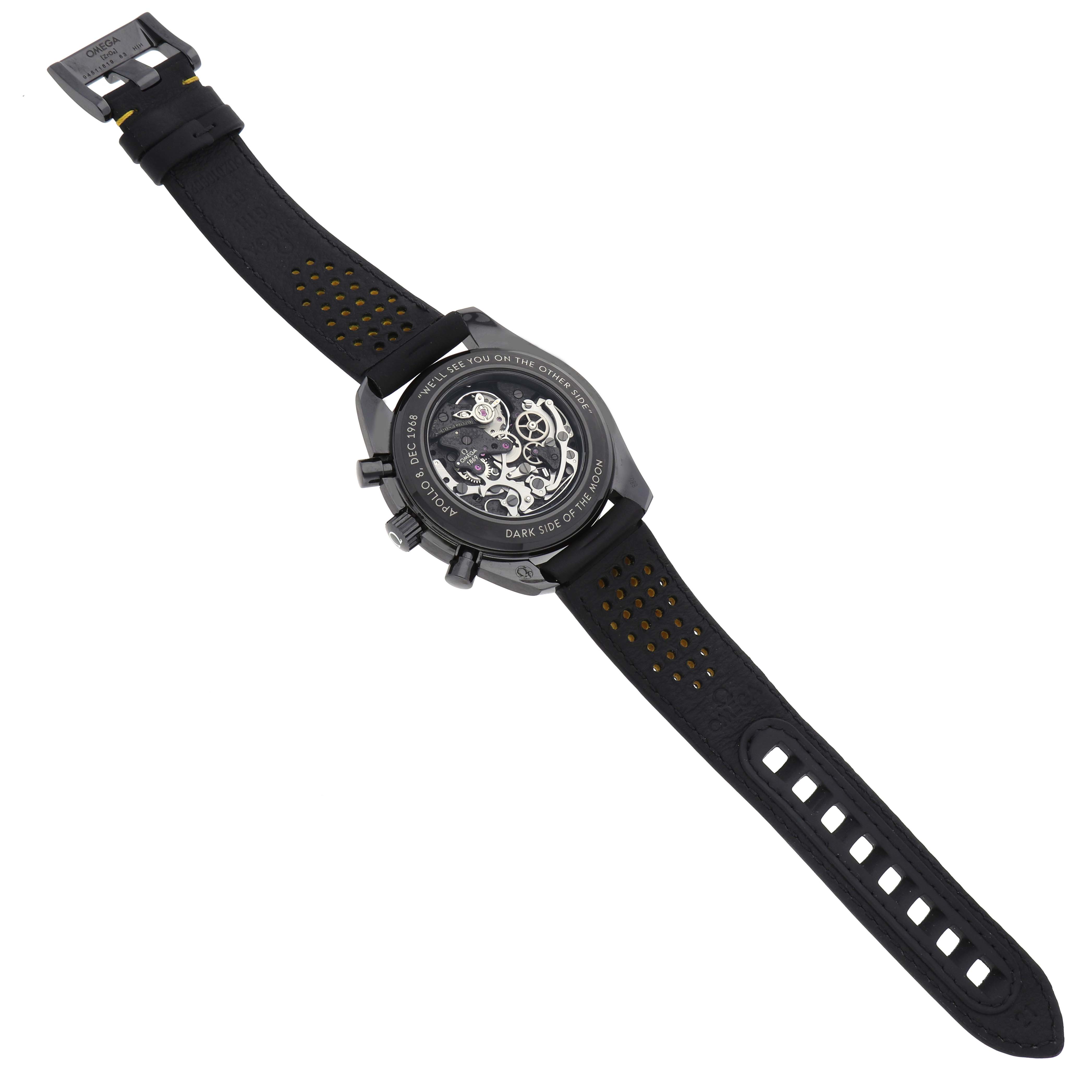 The Omega Speedmaster 311.92.44.30.01.001 Men
s Ceramic Black Dial is shown from the back, displaying the transparent case back and black perforated strap.
