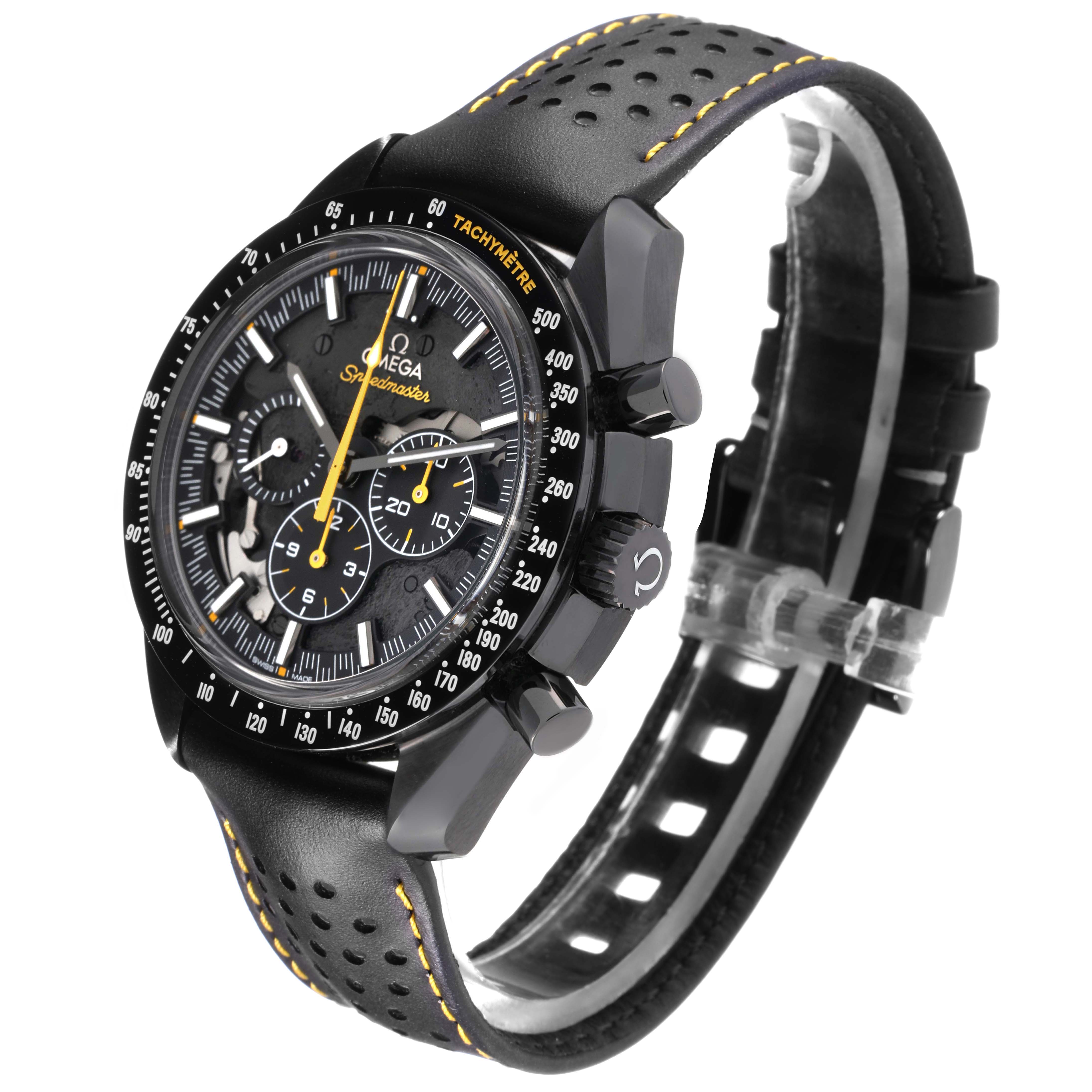 The Omega Speedmaster 311.92.44.30.01.001 Men
s Ceramic Black Dial is shown from a side angle, highlighting the case, dial, pushers, crown, and perforated strap.