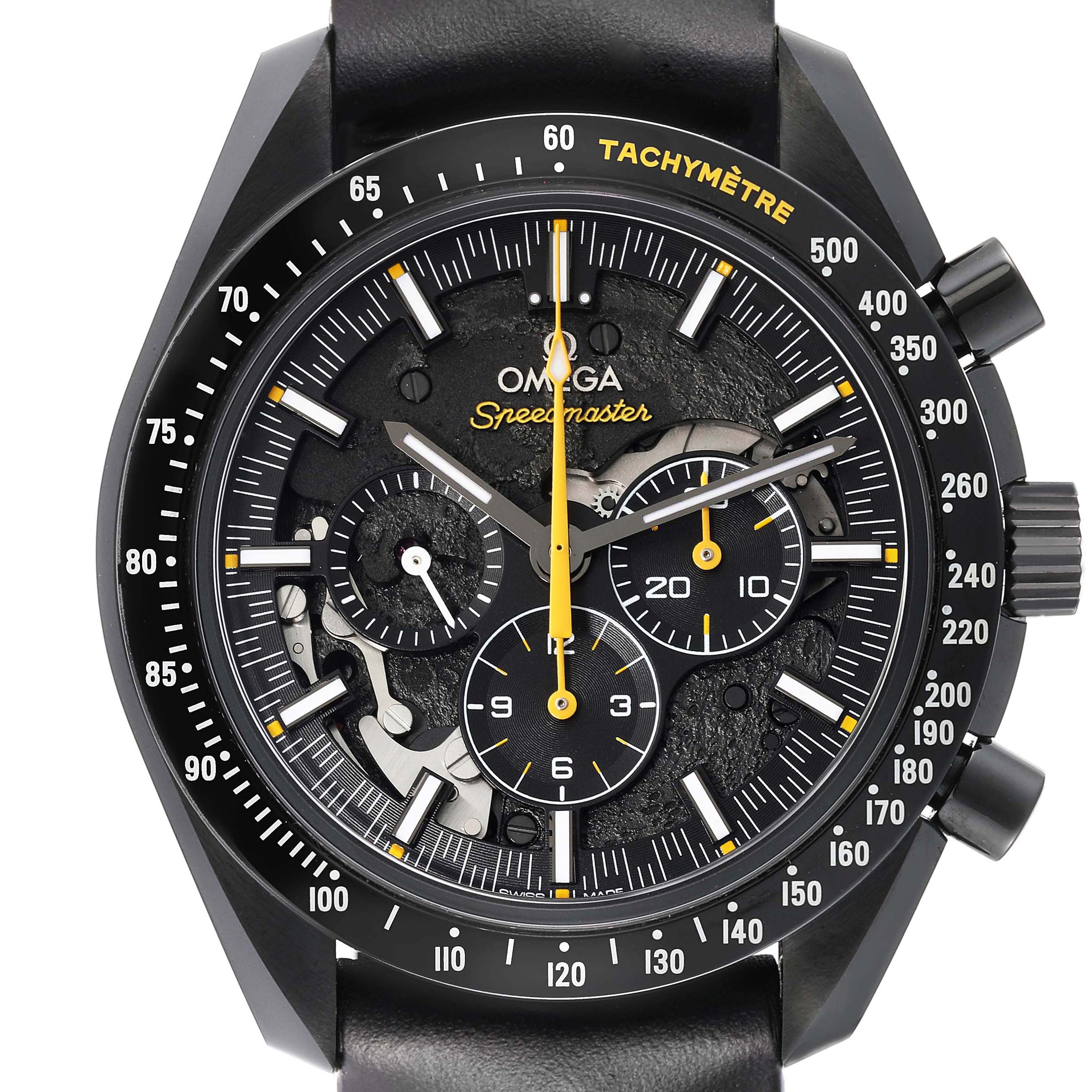 The Omega Speedmaster 311.92.44.30.01.001 Men
s Ceramic Black Dial watch is shown from the front, highlighting the face, bezel, sub-dials, and tachymeter.