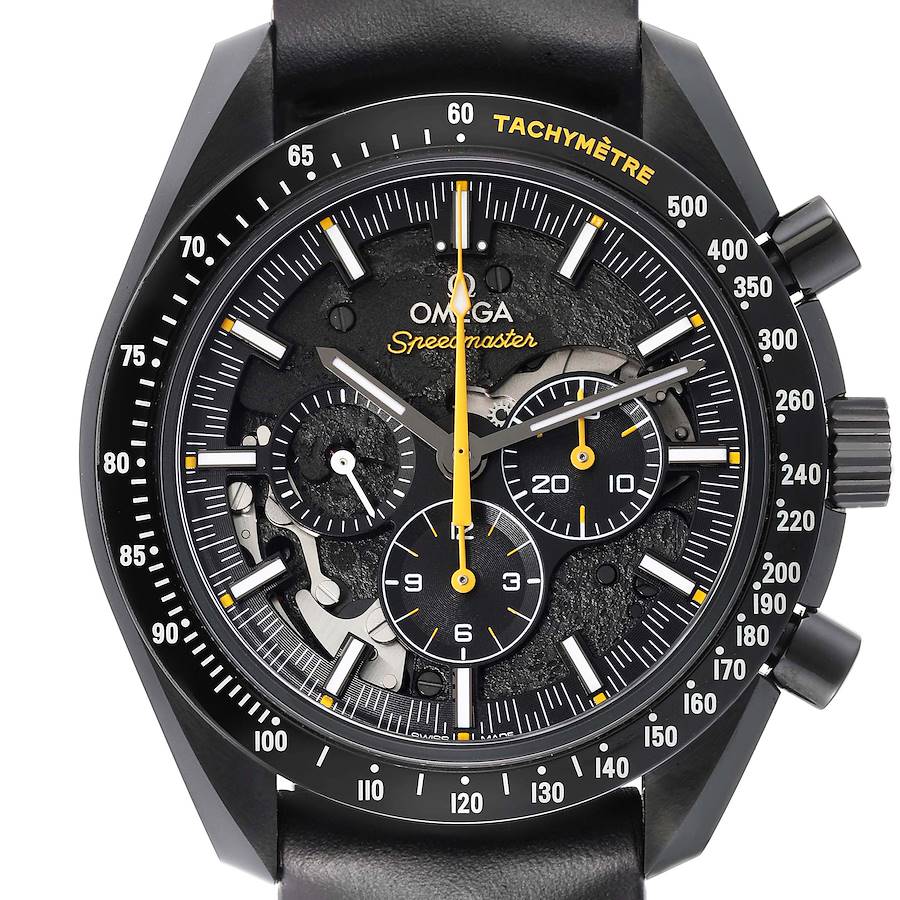 The image shows a frontal view of the Omega Speedmaster model 311.92.44.30.01.001, highlighting the watch face, subdials, tachymeter, and crown.