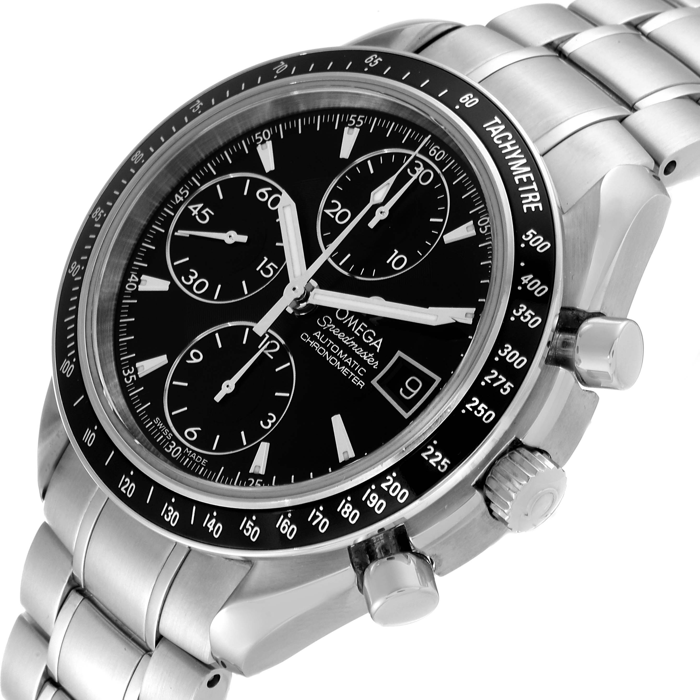 The Omega Speedmaster 3210.50.00 Men
s Stainless Steel Black Dial 3210.50.00 Men
s Stainless Steel Black Dial watch is shown from a tilted angle, highlighting the dial, chronograph subdials, bezel, and stainless steel bracelet.
