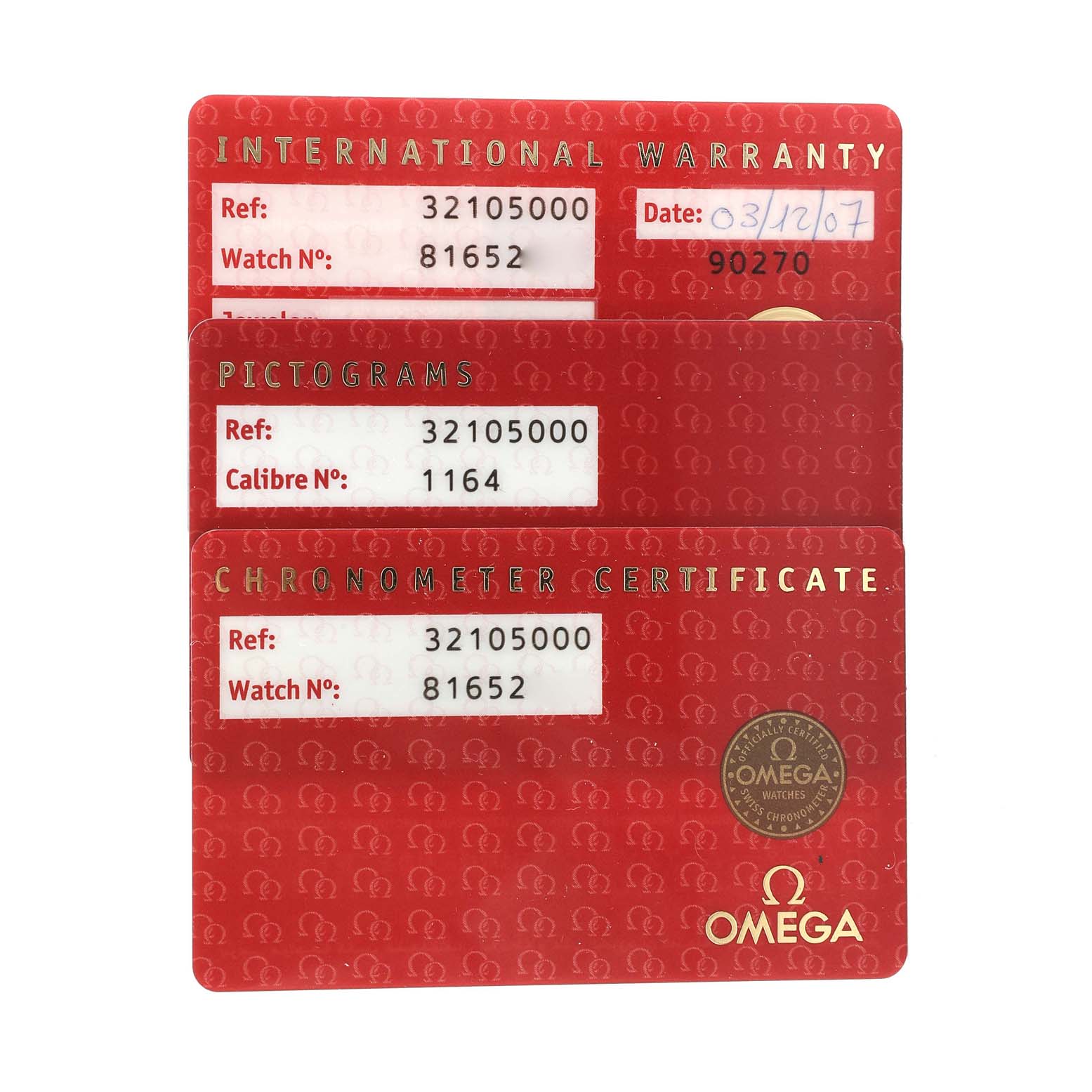 The image shows the International Warranty, Pictograms, and Chronometer Certificate cards for the Omega Speedmaster 3210.50.00 Men
s Stainless Steel Black Dial 3210.50.00 Men
s Stainless Steel Black Dial model.