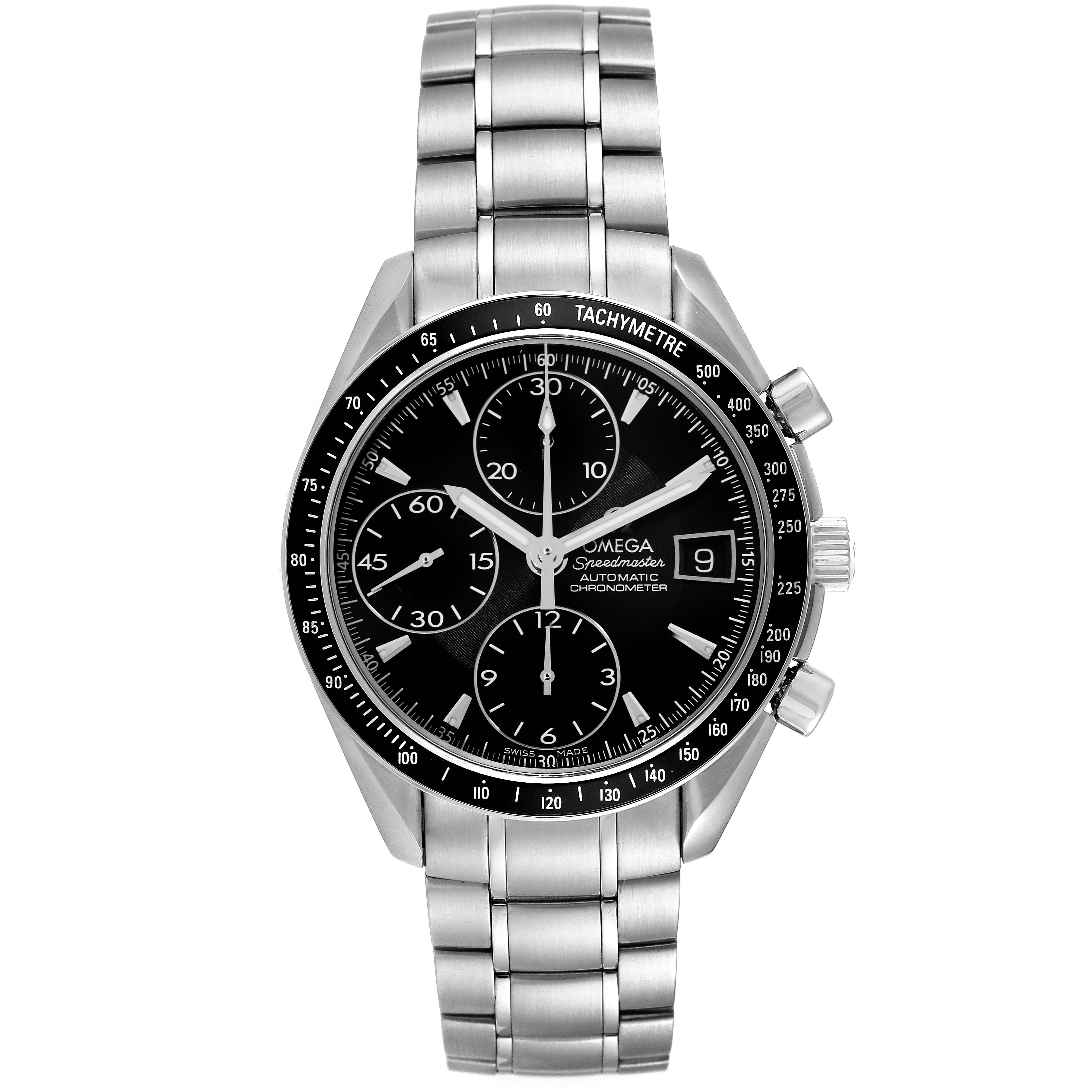 This image showcases the front view of the Omega Speedmaster 3210.50.00 Men
s Stainless Steel Black Dial 3210.50.00 Men
s Stainless Steel Black Dial, highlighting its dial, bezel, chronograph subdials, and metal bracelet.