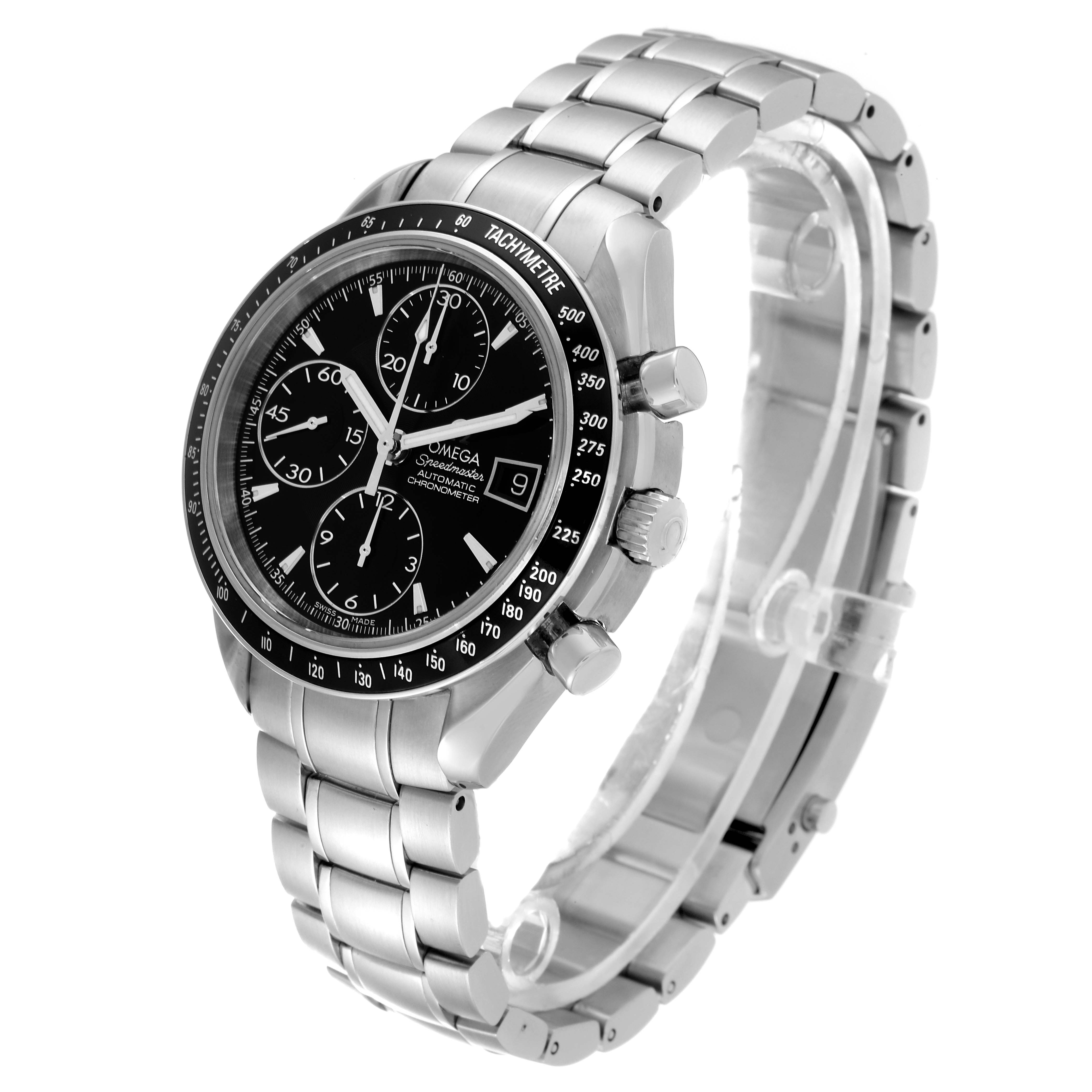 The image shows an angled view of the Omega Speedmaster 3210.50.00 Men
s Stainless Steel Black Dial 3210.50.00 Men
s Stainless Steel Black Dial watch, highlighting the bezel, chronograph dials, case, and metal bracelet.