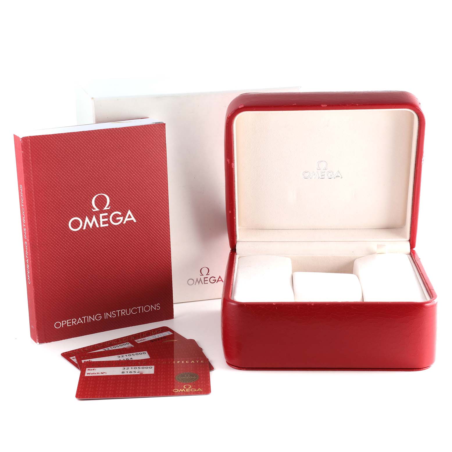 The image shows the Omega Speedmaster 3210.50.00 Men
s Stainless Steel Black Dial 3210.50.00 Men
s Stainless Steel Black Dial watch accessories: an open red watch box, instruction booklet, and warranty cards.