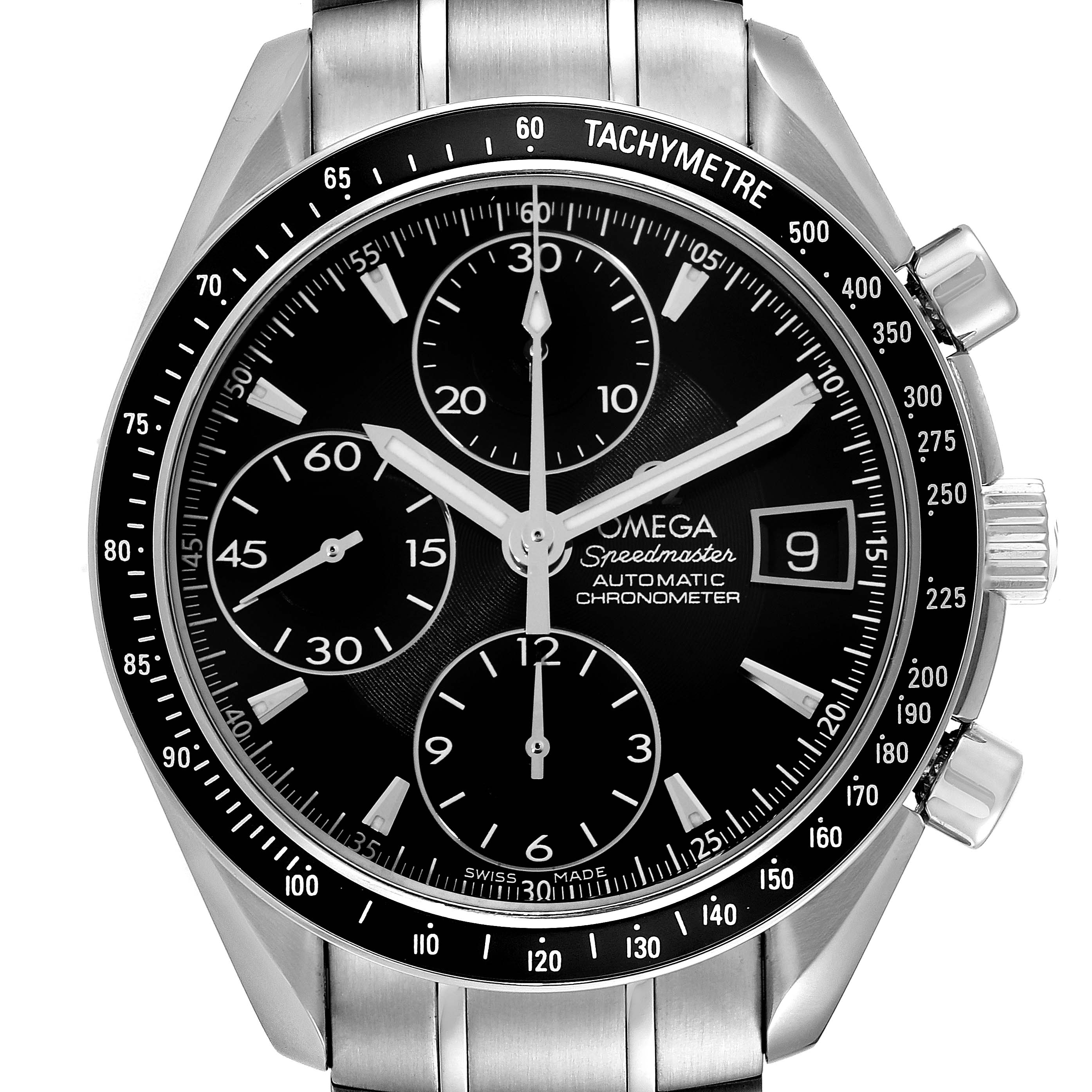 The image shows a front view of the Omega Speedmaster 3210.50.00 Men
s Stainless Steel Black Dial 3210.50.00 Men
s Stainless Steel Black Dial watch, highlighting its dial, chronograph subdials, and tachymeter bezel.