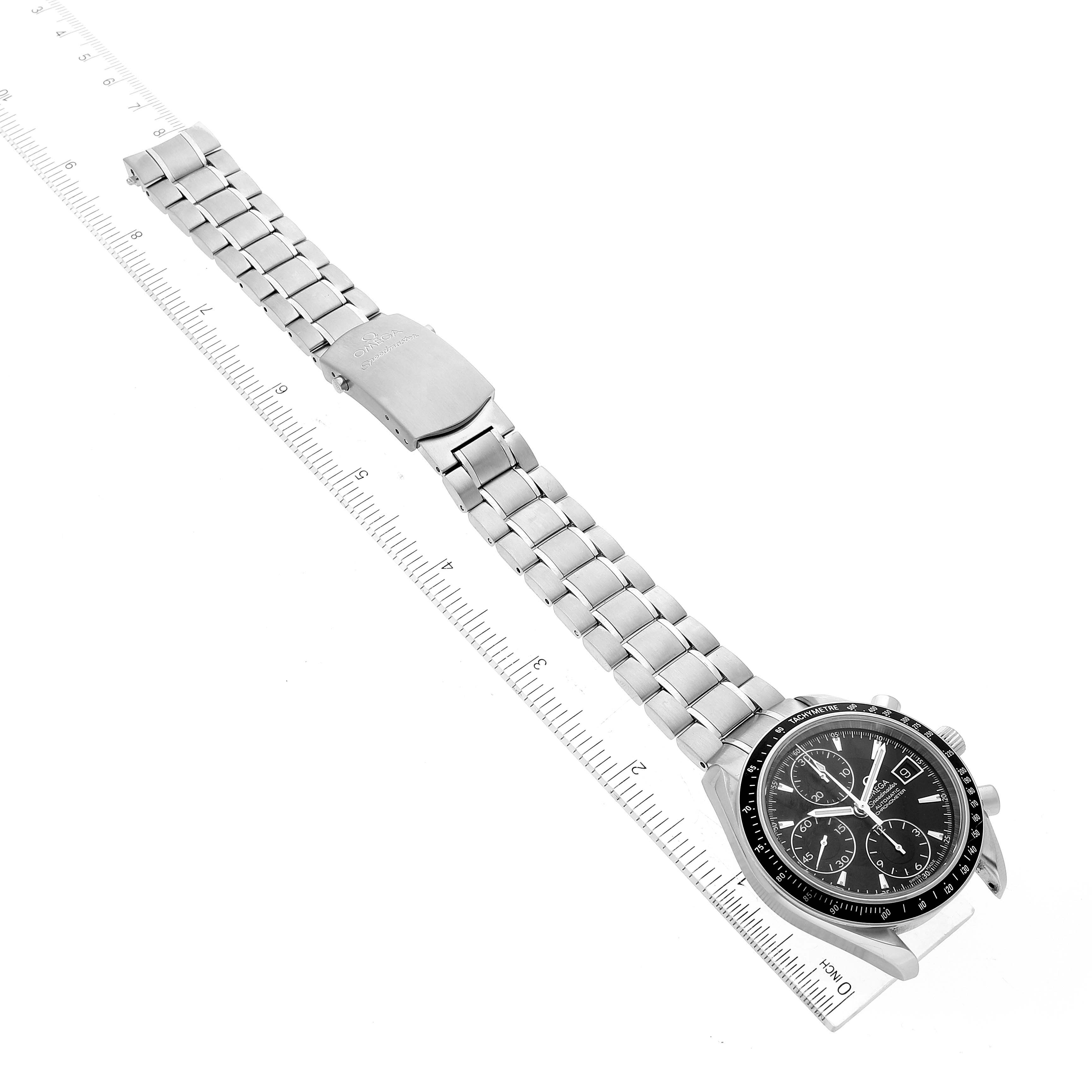 The Omega Speedmaster 3210.50.00 Men
s Stainless Steel Black Dial 3210.50.00 Men
s Stainless Steel Black Dial watch is shown from a top-down angle, displaying its face and metal bracelet.