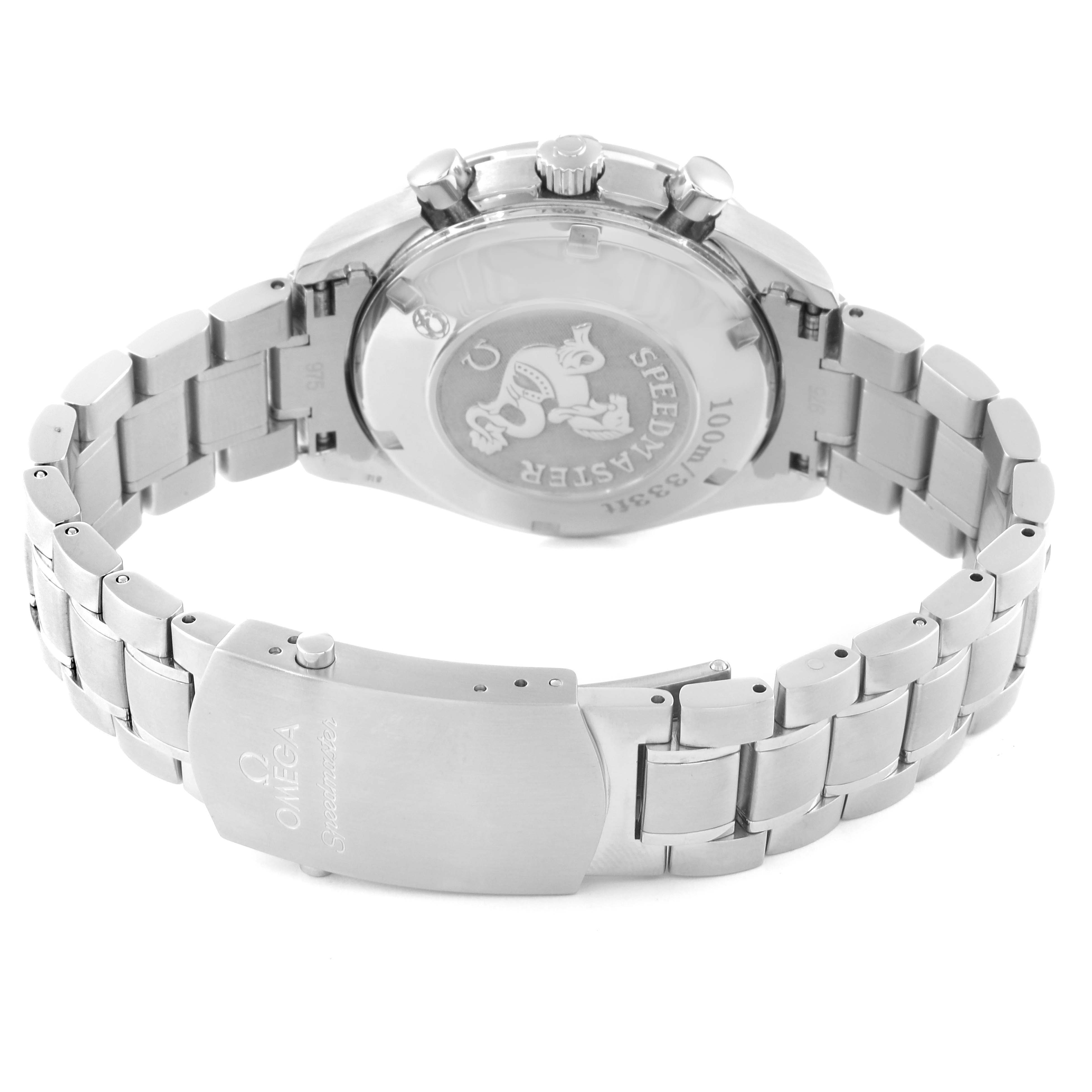 This image shows the back view of an Omega Speedmaster 3210.50.00 Men
s Stainless Steel Black Dial 3210.50.00 Men
s Stainless Steel Black Dial watch, highlighting its case back and metal bracelet.