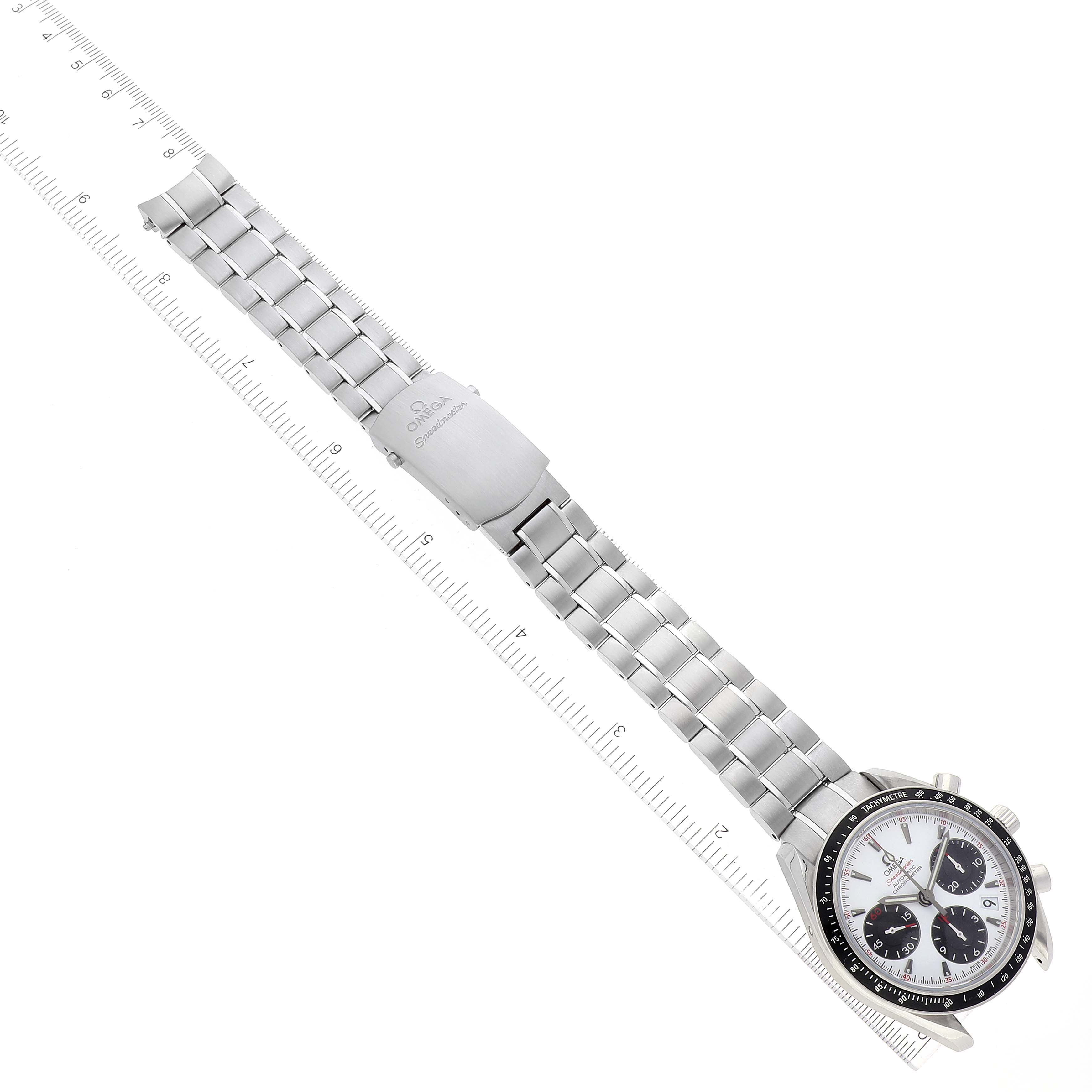 The Omega Speedmaster 323.30.40.40.04.001 Men's Stainless Steel White Dial watch is shown from an angled top view, displaying the face, bezel, and full bracelet.