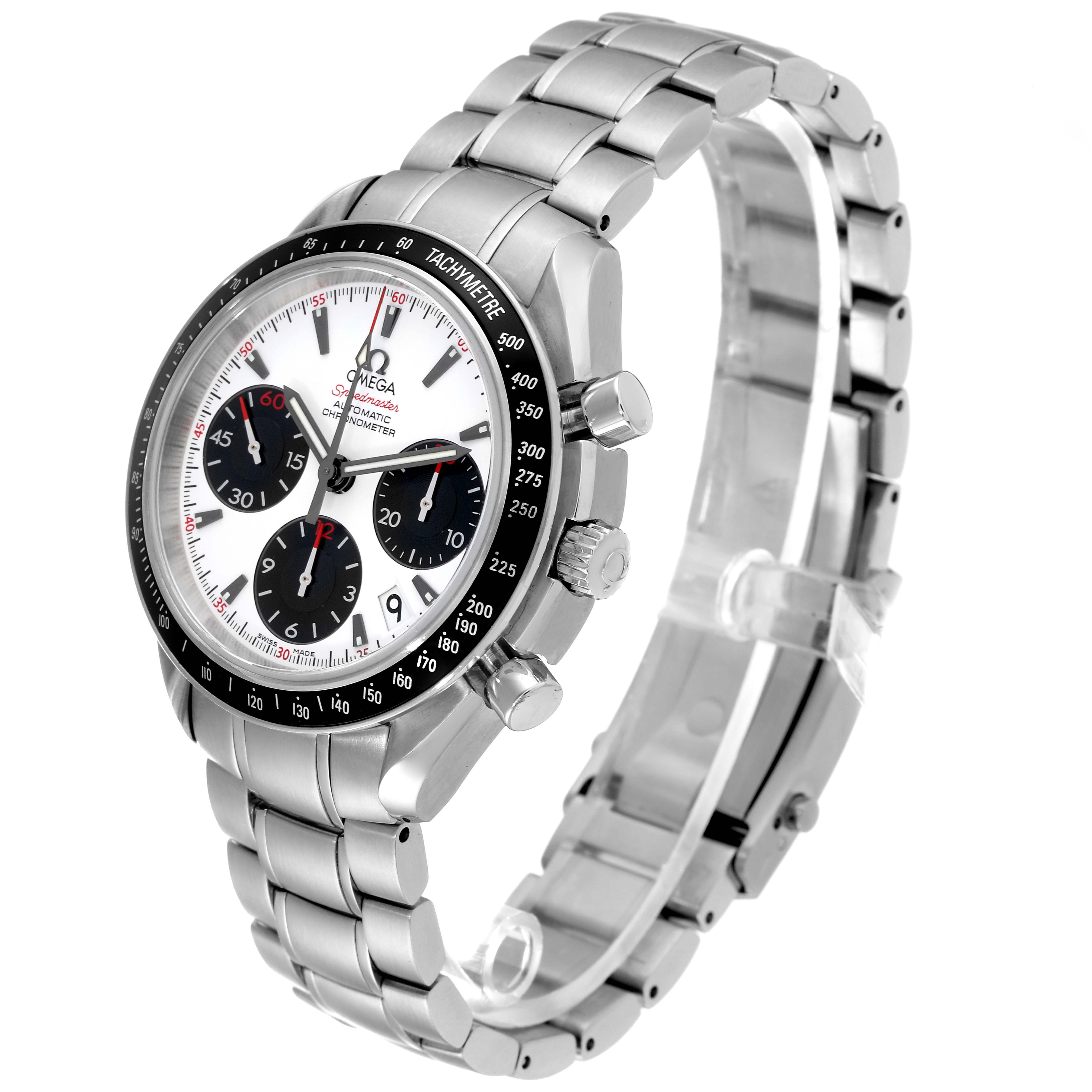 The Omega Speedmaster 323.30.40.40.04.001 Men's Stainless Steel White Dial watch is shown at an angled side view, highlighting the stainless steel bracelet, case, dials, and tachymeter bezel.