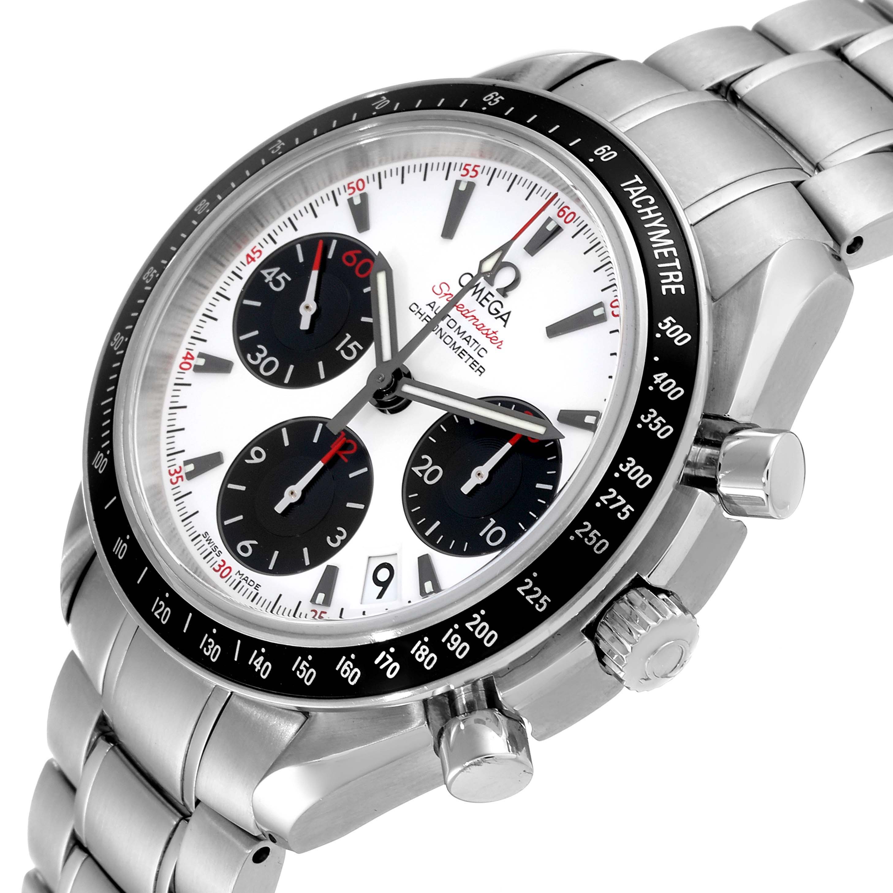 The Omega Speedmaster 323.30.40.40.04.001 Men's Stainless Steel White Dial watch is shown at an angled view highlighting the dial, bezel, crown, and bracelet.