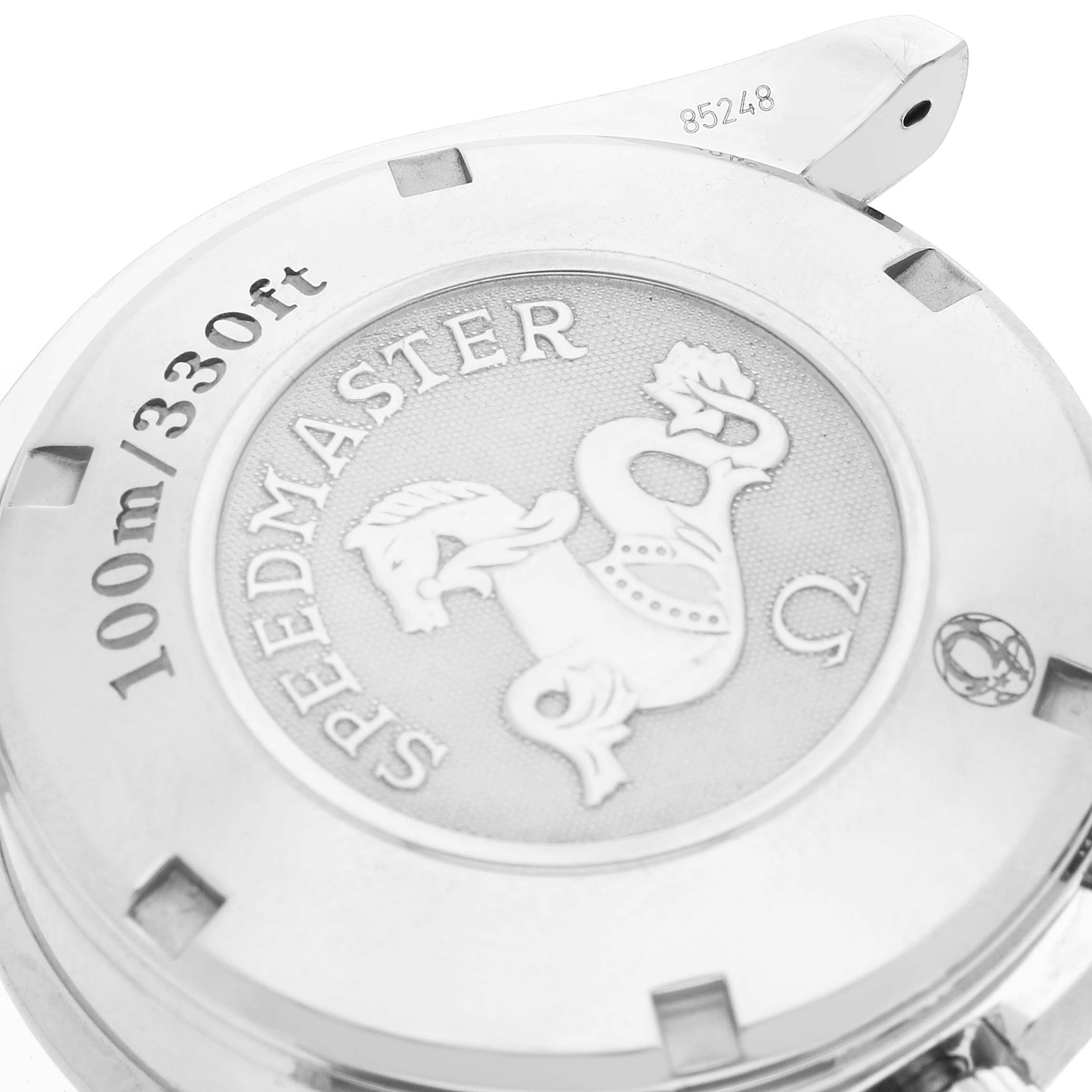 The image shows the case back of the Omega Speedmaster 323.30.40.40.04.001 Men's Stainless Steel White Dial, featuring the Speedmaster logo and water resistance details.