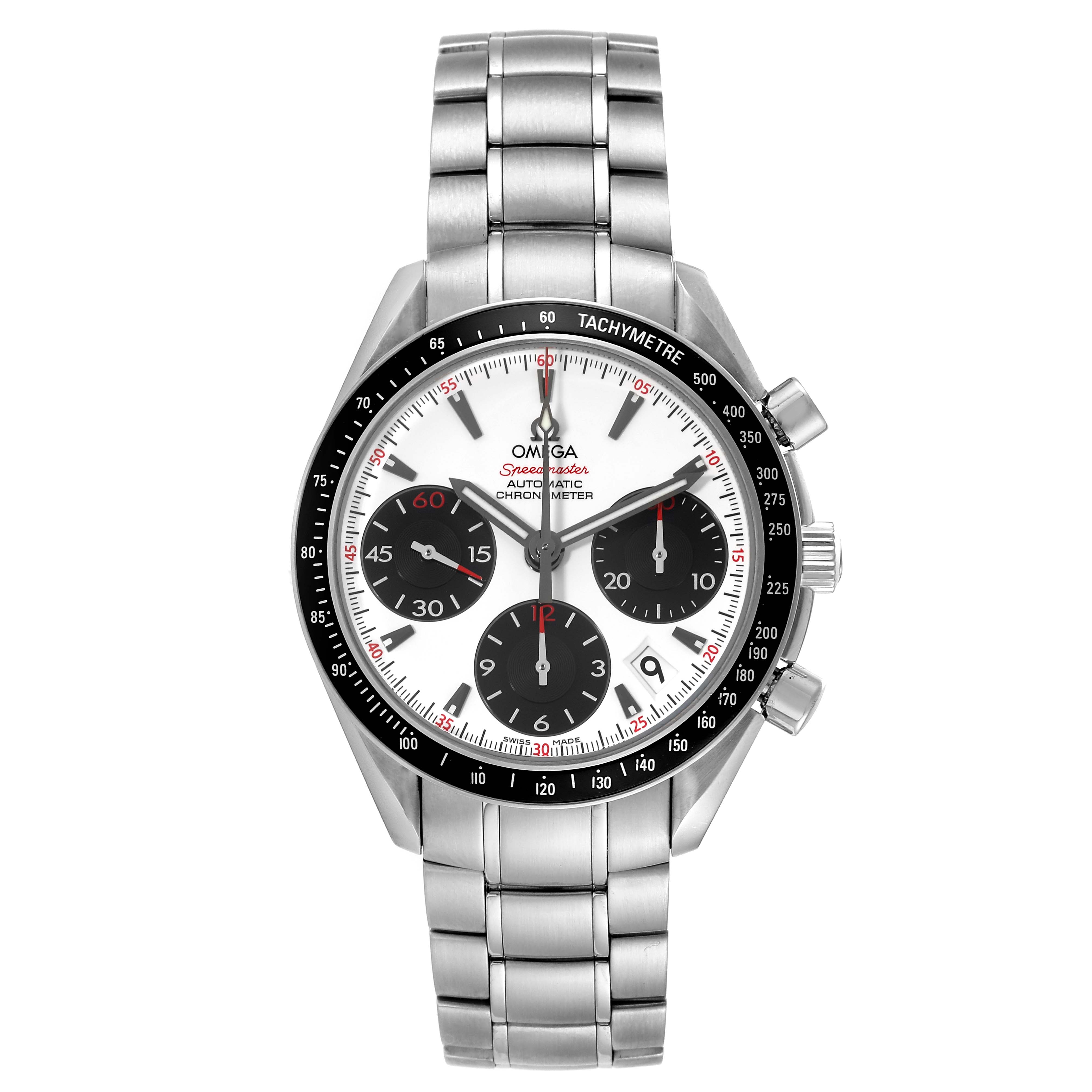 The Omega Speedmaster 323.30.40.40.04.001 Men's Stainless Steel White Dial watch is shown from a top-down angle, displaying its face, bezel, and stainless steel bracelet.