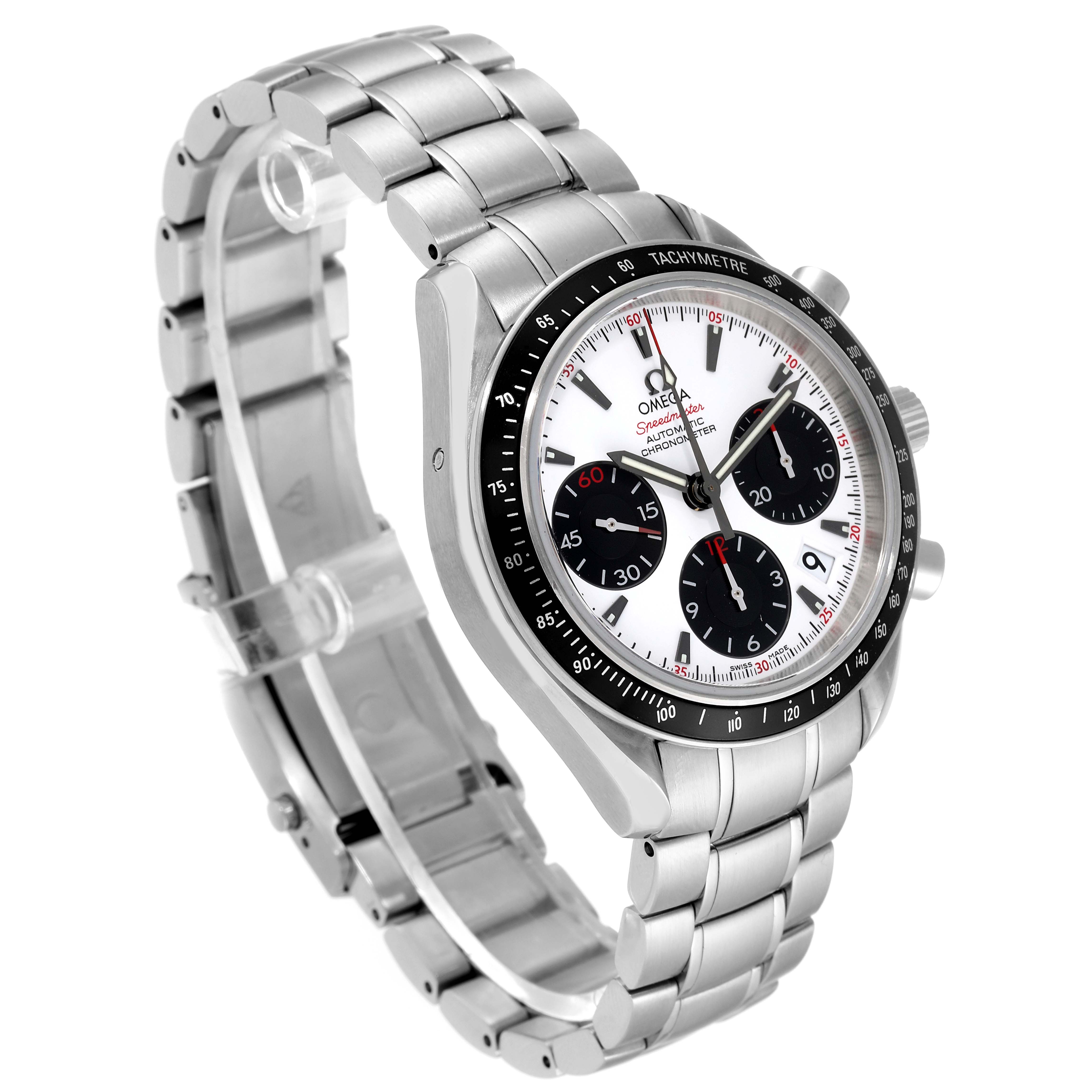The Omega Speedmaster 323.30.40.40.04.001 Men's Stainless Steel White Dial watch is shown at a three-quarter angle, highlighting its face, tachymeter bezel, and metal bracelet.