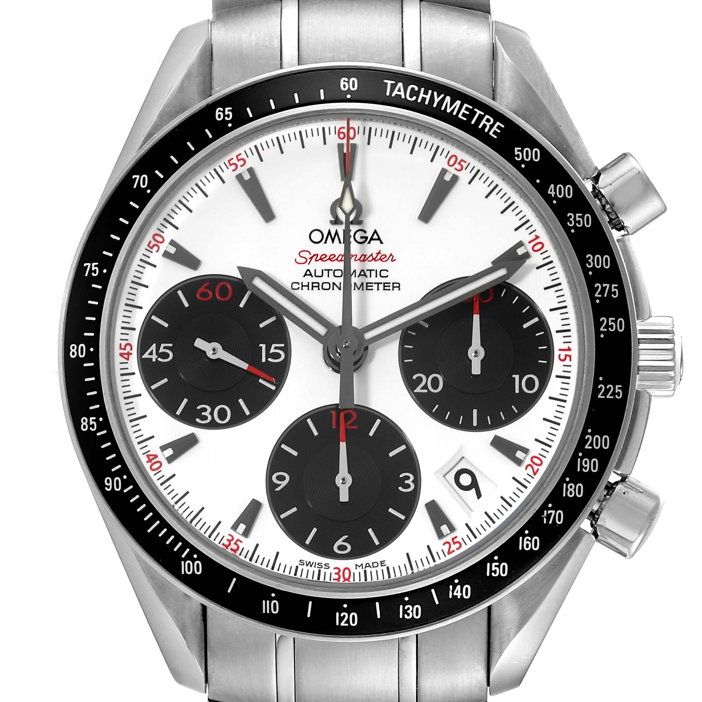 The Omega Speedmaster 323.30.40.40.04.001 Men's Stainless Steel White Dial is shown from the front, highlighting its dial, sub-dials, tachymeter, and crown.