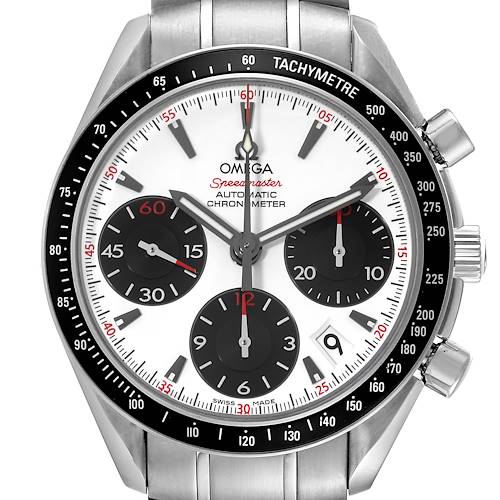 The Omega Speedmaster 323.30.40.40.04.001 Men's Stainless Steel White Dial watch is shown from the front, displaying the dial, bezel, sub-dials, and crown.