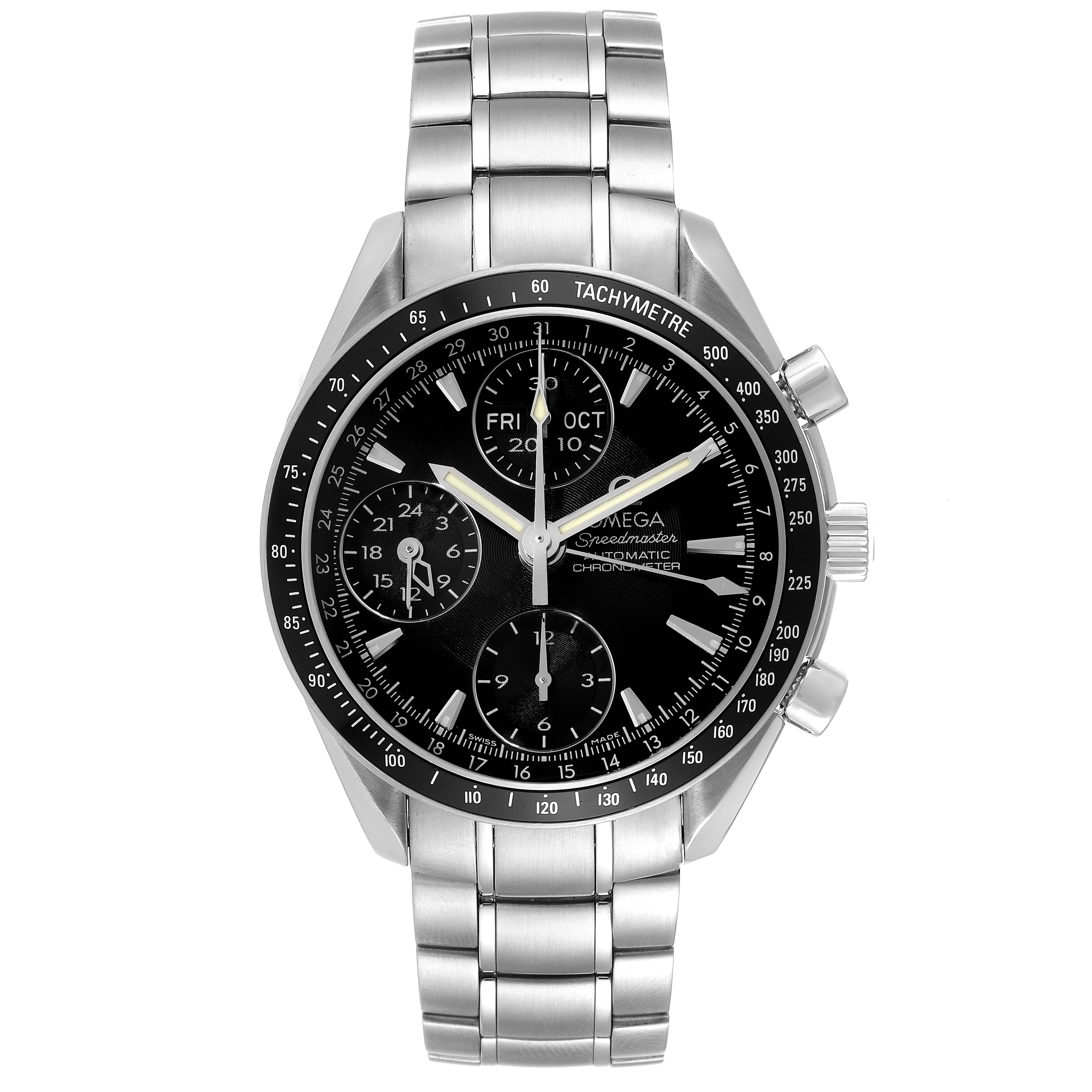 The image shows a front view of an Omega Speedmaster 3220.50.00 Men
s Stainless Steel Black Dial 3220.50.00 Men
s Stainless Steel Black Dial watch with a stainless steel bracelet and black dial.