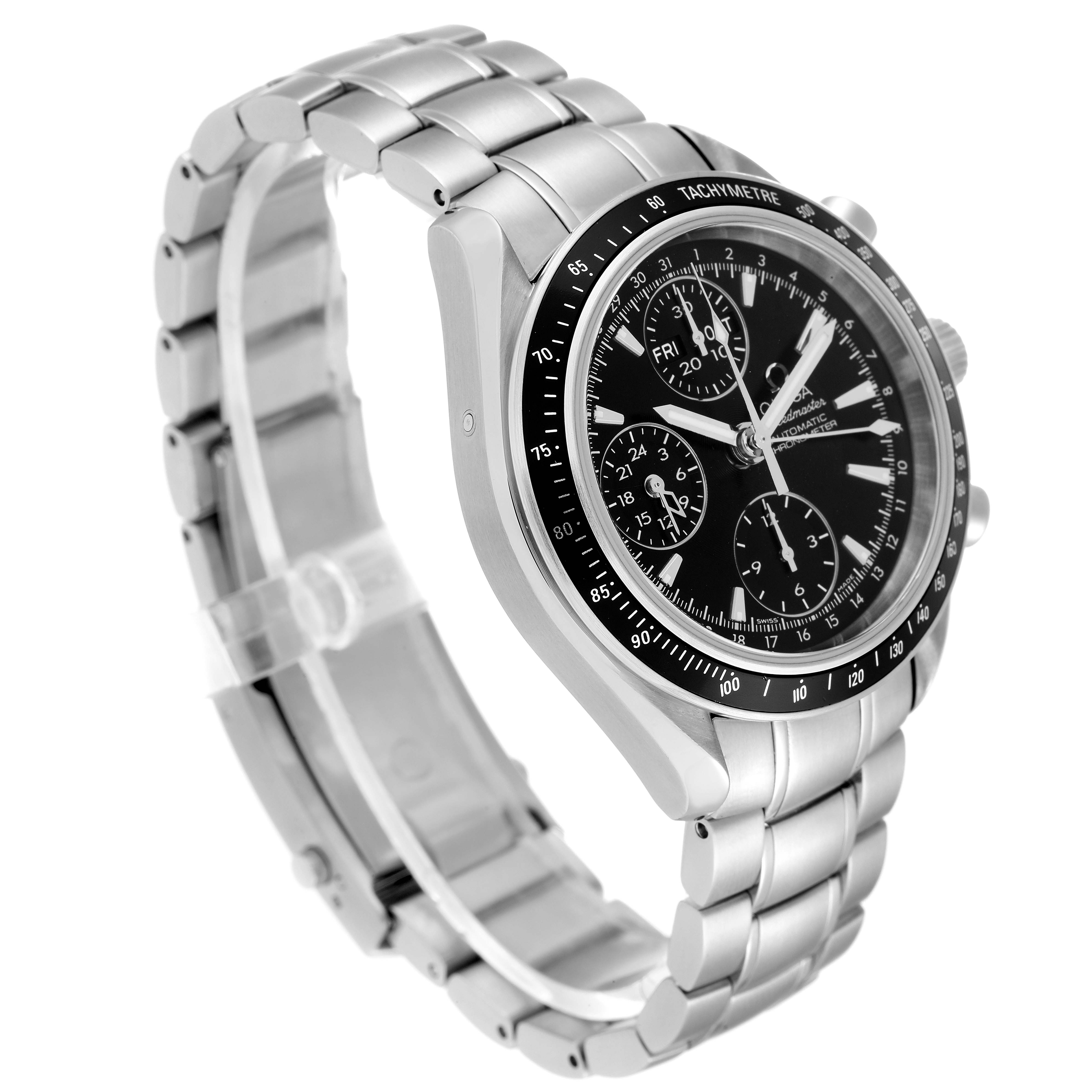 The image shows an Omega Speedmaster 3220.50.00 Men
s Stainless Steel Black Dial 3220.50.00 Men
s Stainless Steel Black Dial watch at a slight three-quarter angle, revealing the face and metal bracelet.
