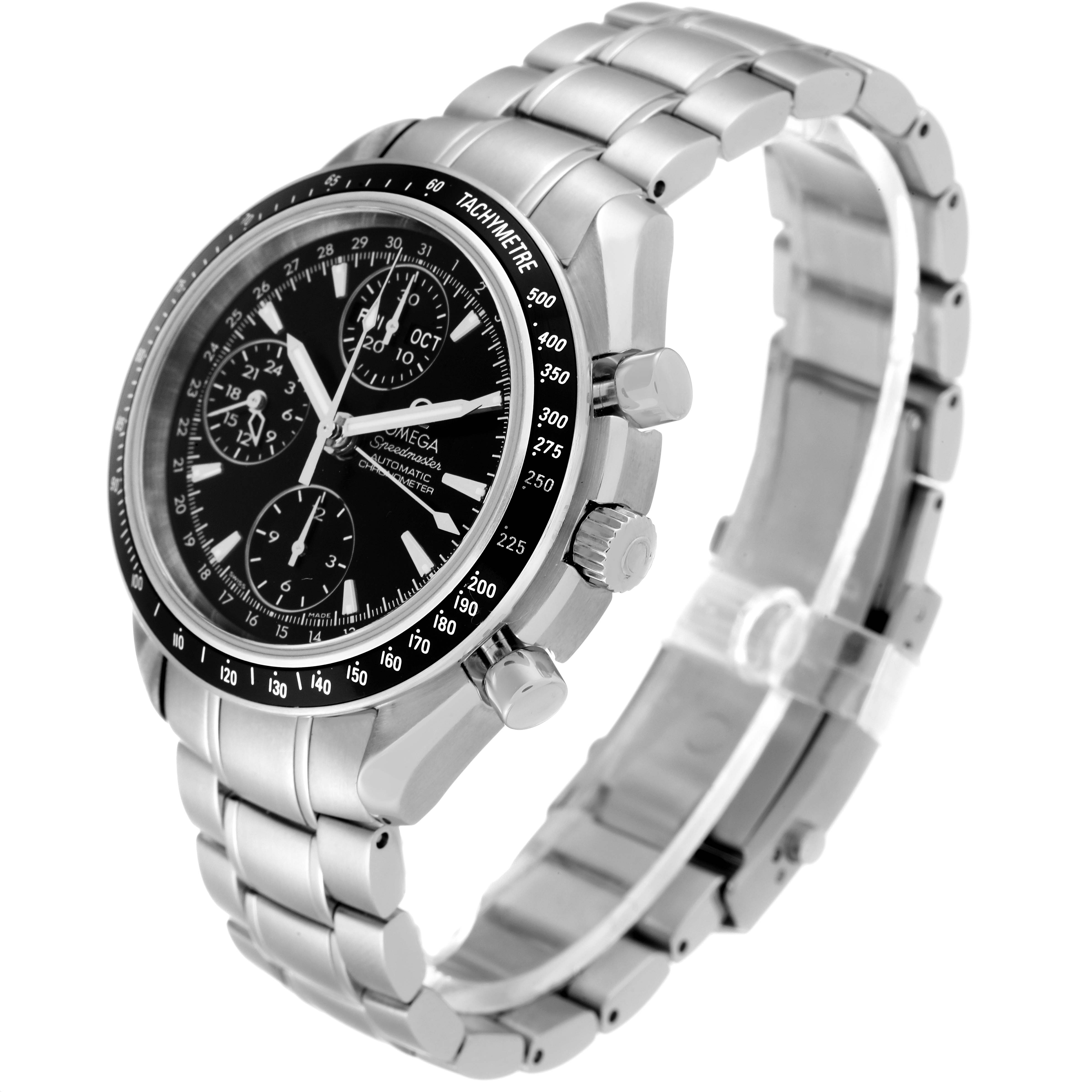 The image shows a side angle view of an Omega Speedmaster 3220.50.00 Men
s Stainless Steel Black Dial 3220.50.00 Men
s Stainless Steel Black Dial watch, highlighting its stainless steel band and three sub-dials.
