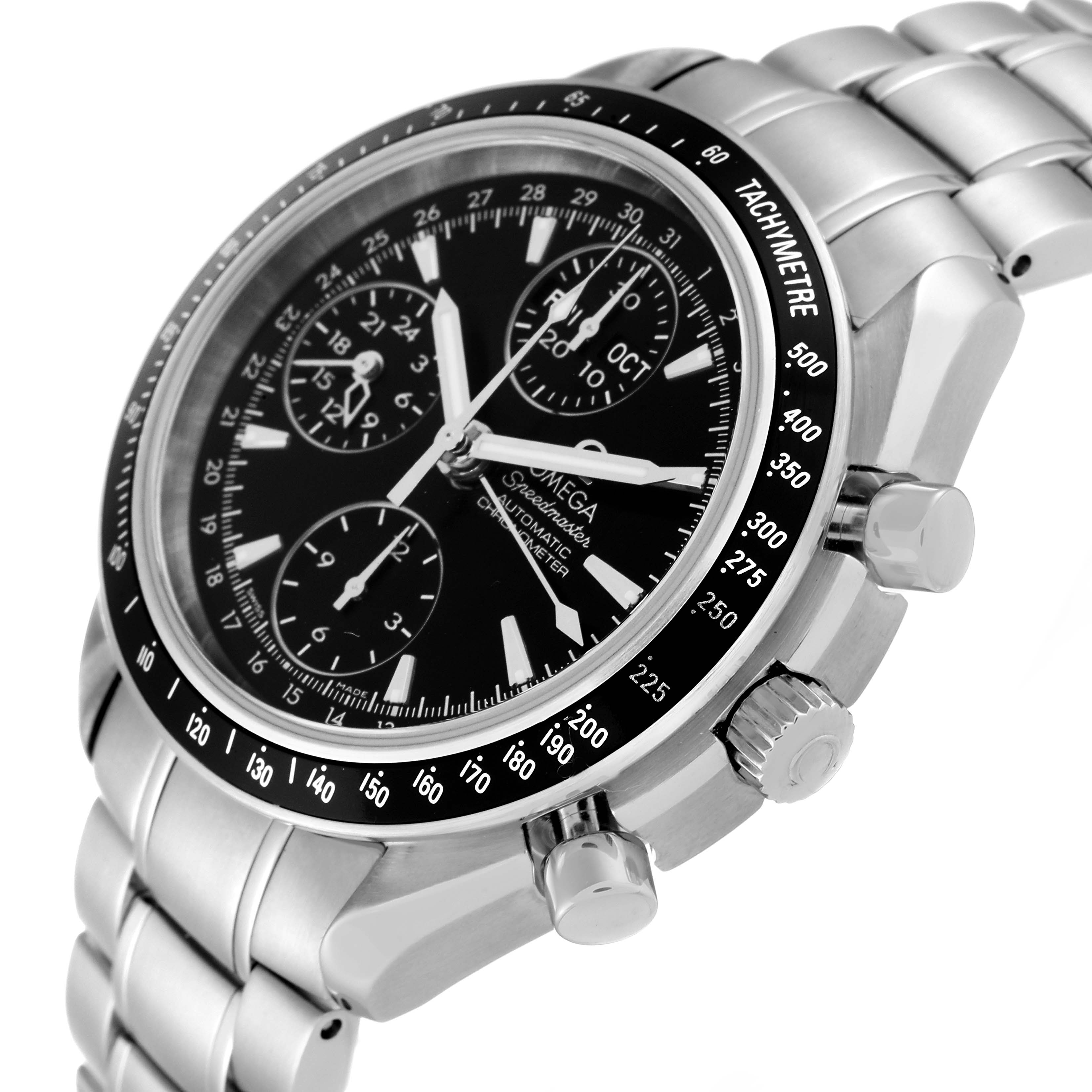 This image shows a side angle of the Omega Speedmaster 3220.50.00 Men
s Stainless Steel Black Dial 3220.50.00 Men
s Stainless Steel Black Dial watch, highlighting its face, tachymeter bezel, and stainless steel bracelet.