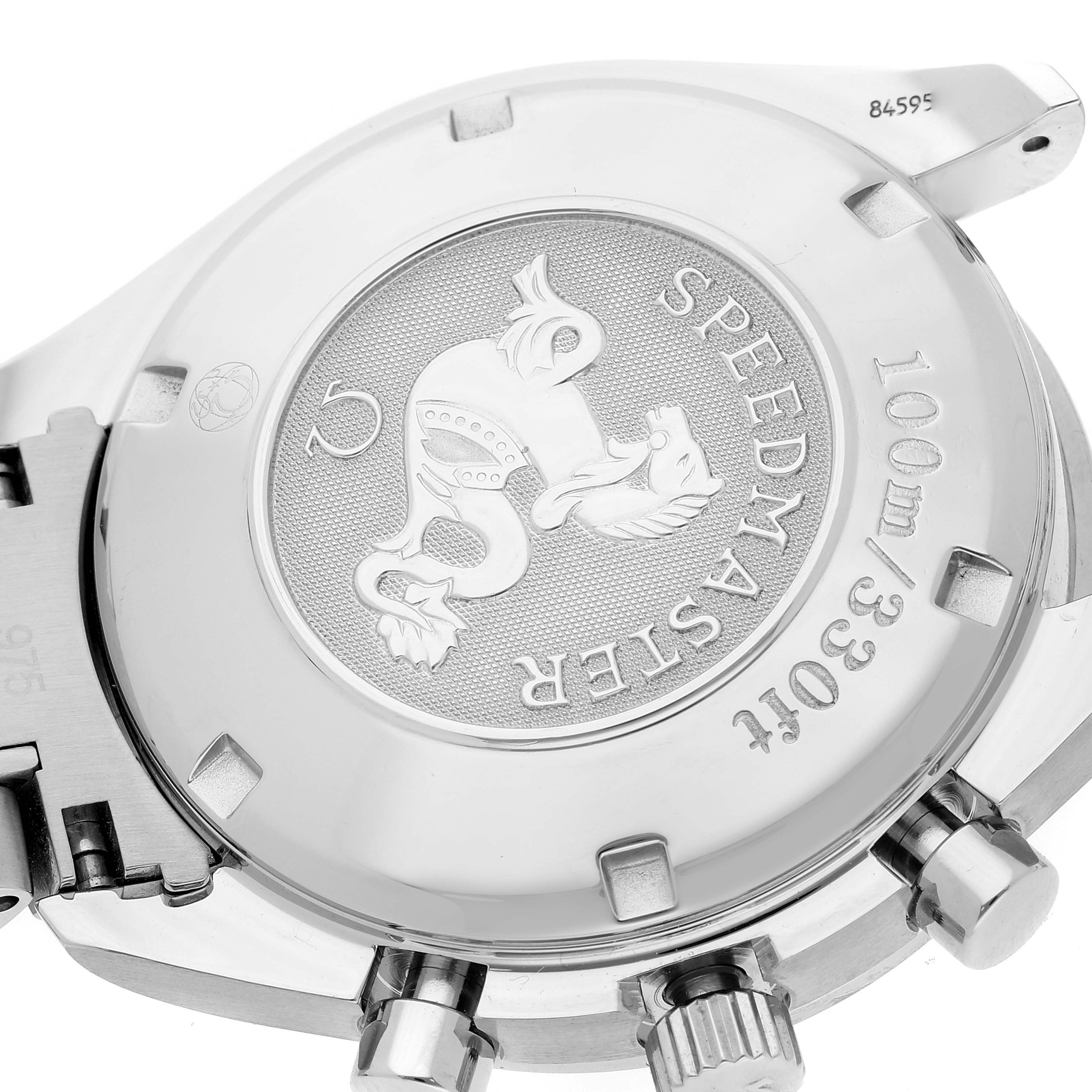 The image shows the case back of an Omega Speedmaster 3220.50.00 Men
s Stainless Steel Black Dial 3220.50.00 Men
s Stainless Steel Black Dial watch, highlighting the embossed emblem, model name, and water resistance.