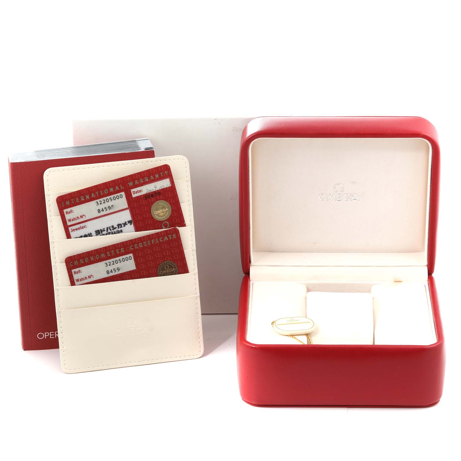 The image shows the box, certification cards, and holder for an Omega Speedmaster 3220.50.00 Men
s Stainless Steel Black Dial 3220.50.00 Men
s Stainless Steel Black Dial watch.