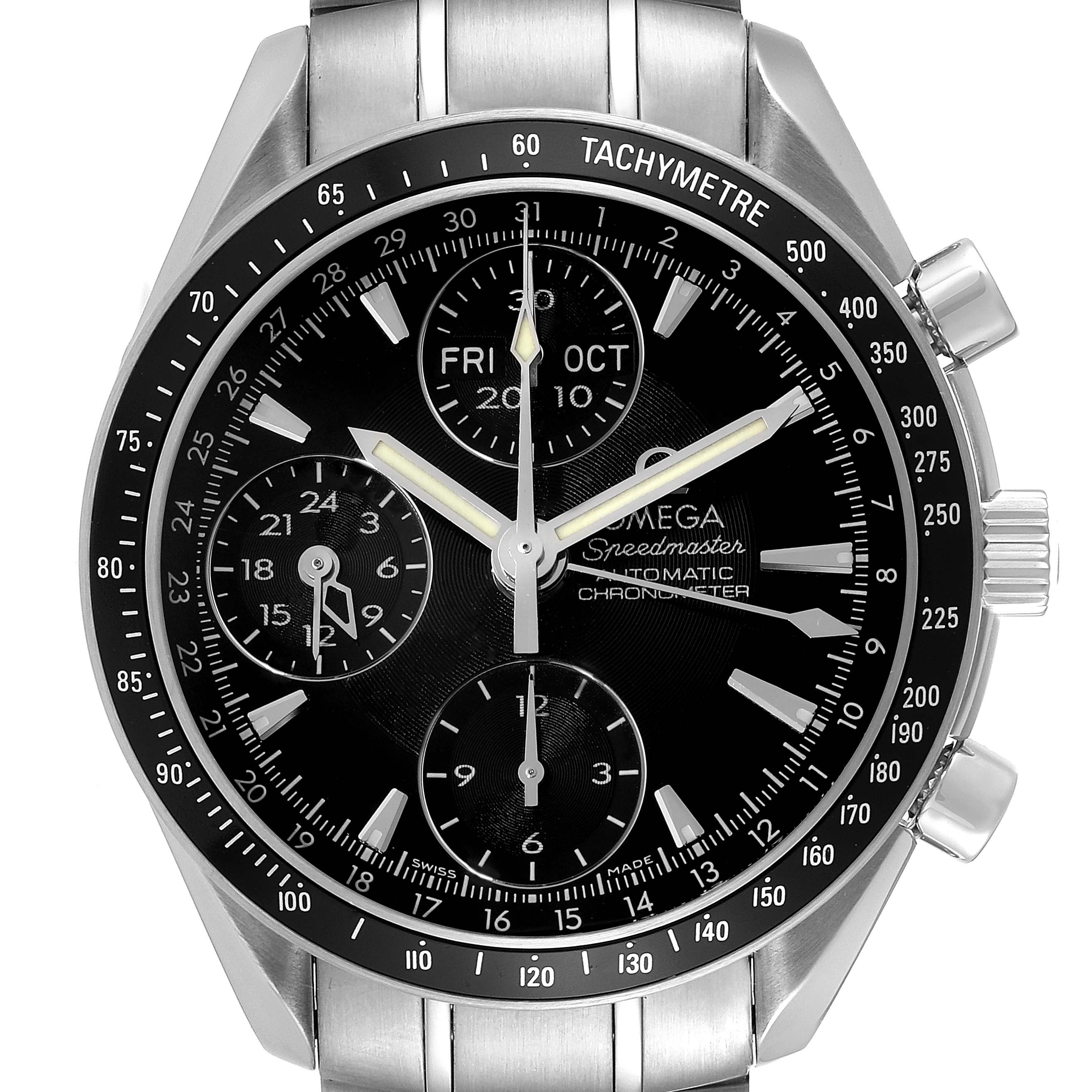 The image shows a front view of the Omega Speedmaster 3220.50.00 Men
s Stainless Steel Black Dial 3220.50.00 Men
s Stainless Steel Black Dial watch, highlighting its dial, chronograph sub-dials, buttons, and bracelet.