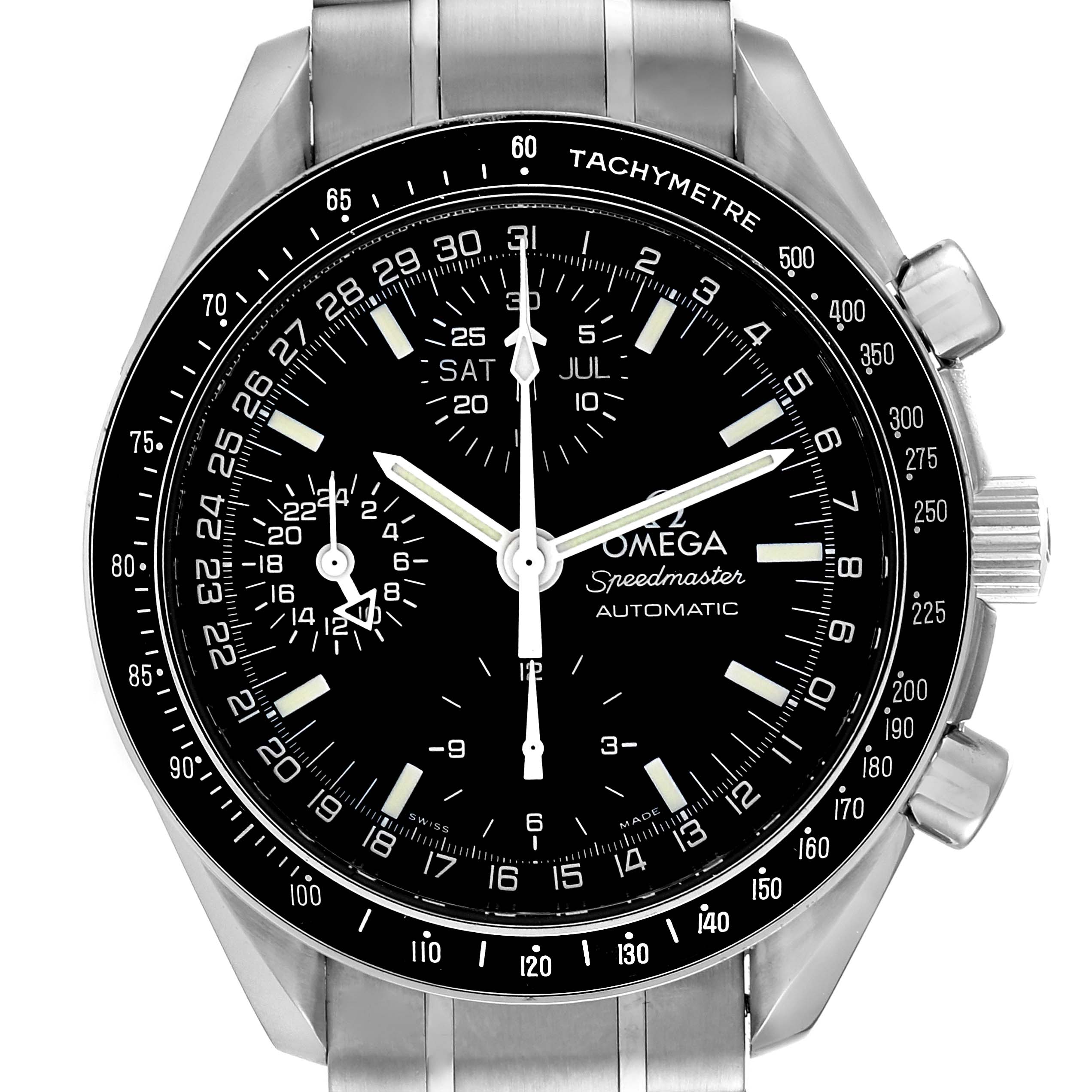 The Omega Speedmaster 3520.50.00 Men
s Stainless Steel Black Dial 3520.50.00 Men
s Stainless Steel Black Dial watch
s face is shown from a top-down angle, displaying the dial, hands, subdials, and tachymeter scale.