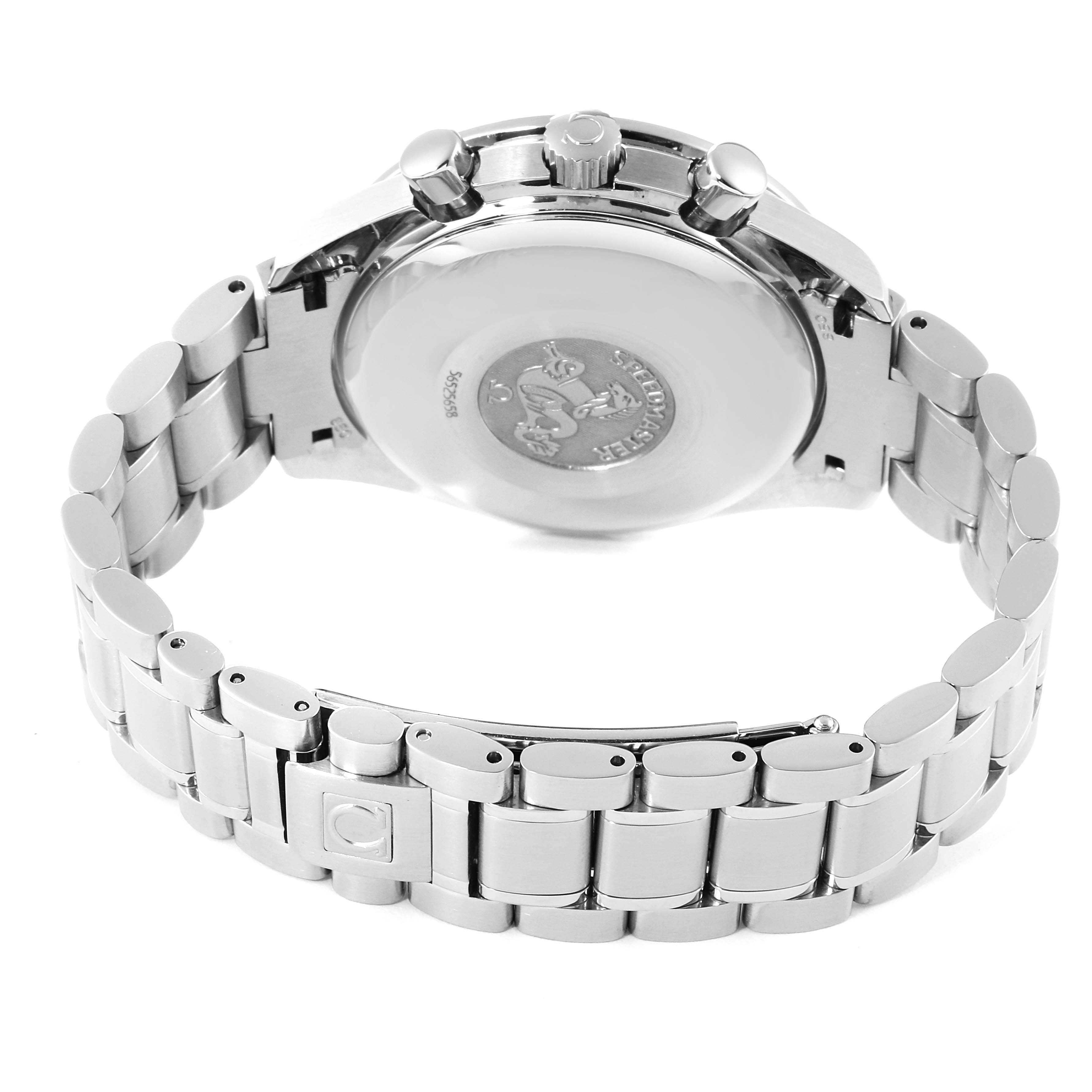 The image shows the back view of the Omega Speedmaster 3520.50.00 Men
s Stainless Steel Black Dial 3520.50.00 Men
s Stainless Steel Black Dial watch, highlighting the case back, crown, pushers, and metal bracelet.