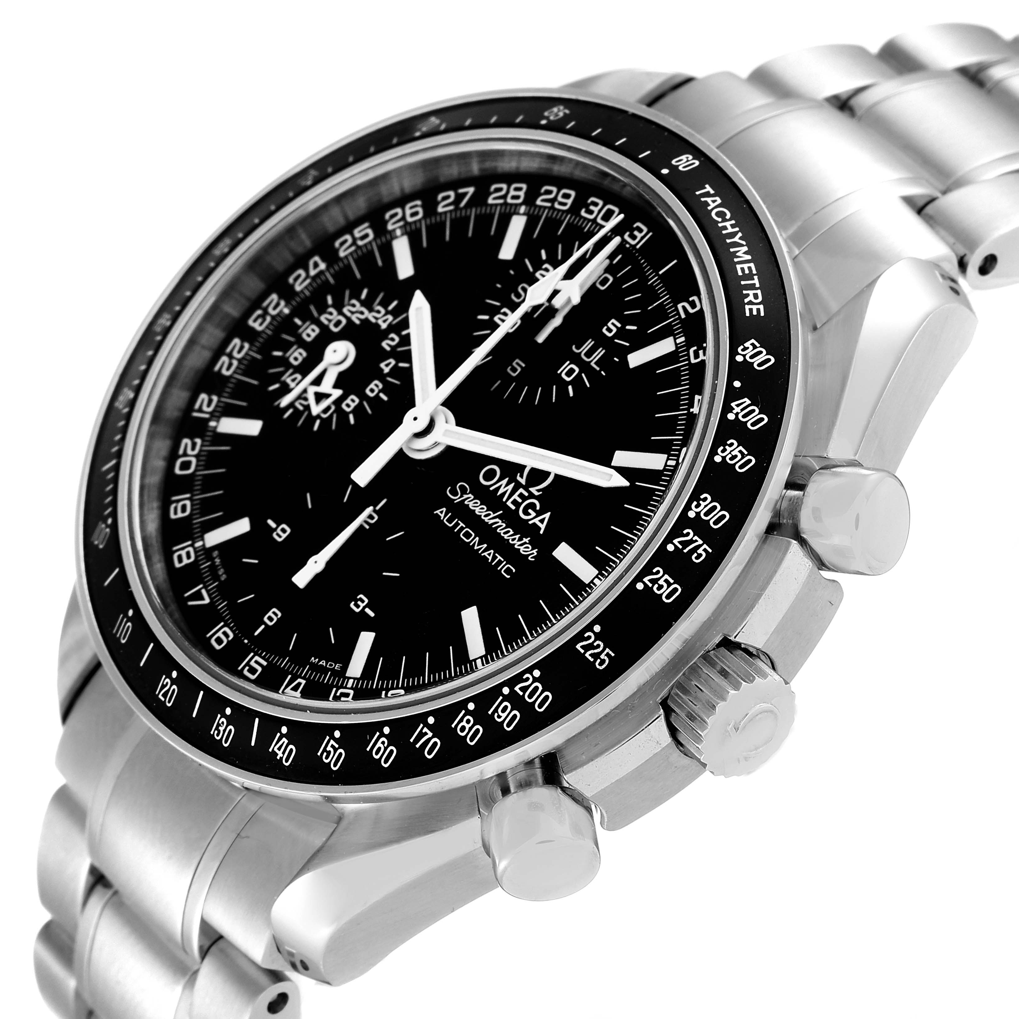 The image shows a close-up, angled view of the Omega Speedmaster 3520.50.00 Men
s Stainless Steel Black Dial 3520.50.00 Men
s Stainless Steel Black Dial, highlighting its dial, tachymeter bezel, and pushers.