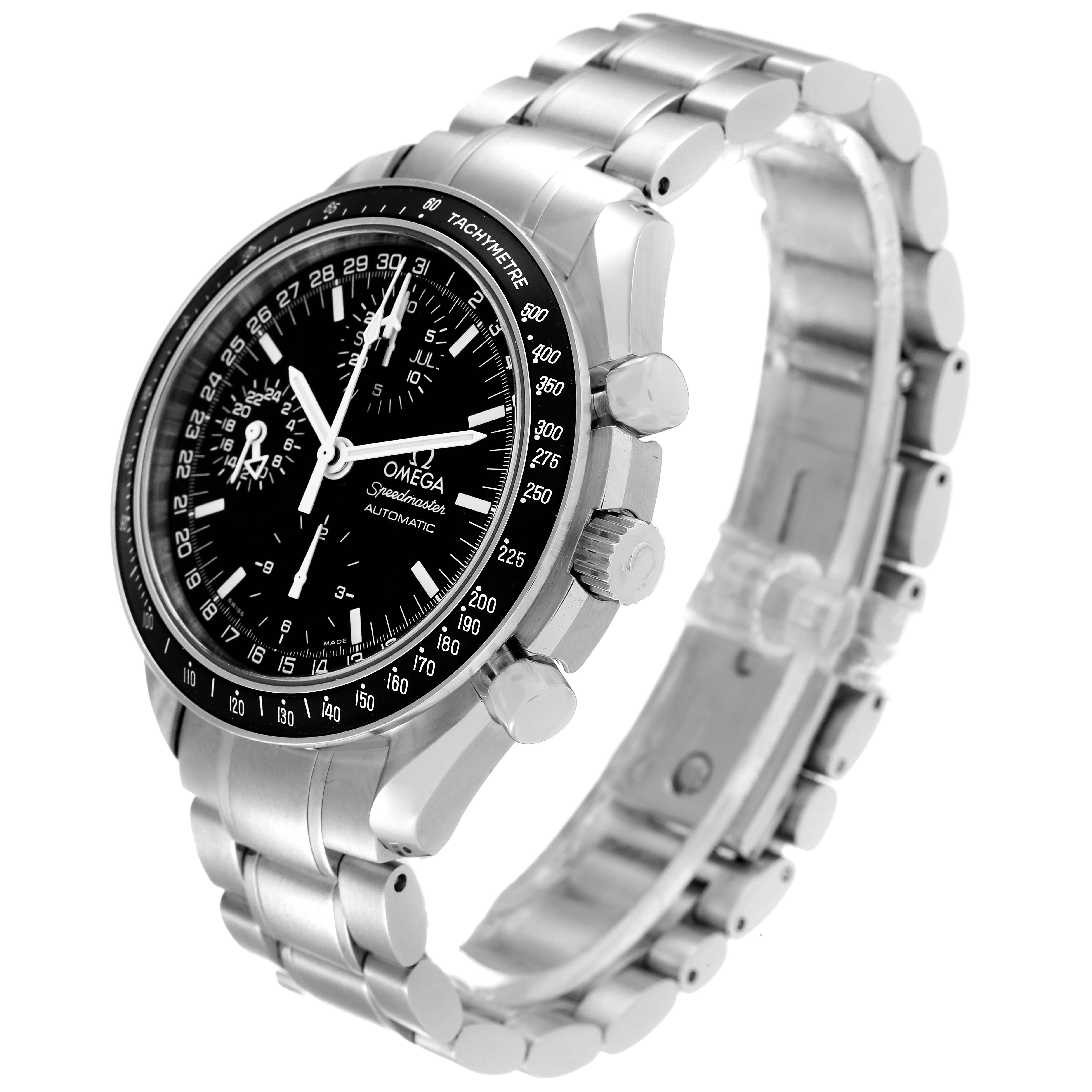 The image shows the Omega Speedmaster 3520.50.00 Men
s Stainless Steel Black Dial 3520.50.00 Men
s Stainless Steel Black Dial watch at an angle highlighting the black dial, chronograph subdials, and stainless steel bracelet.
