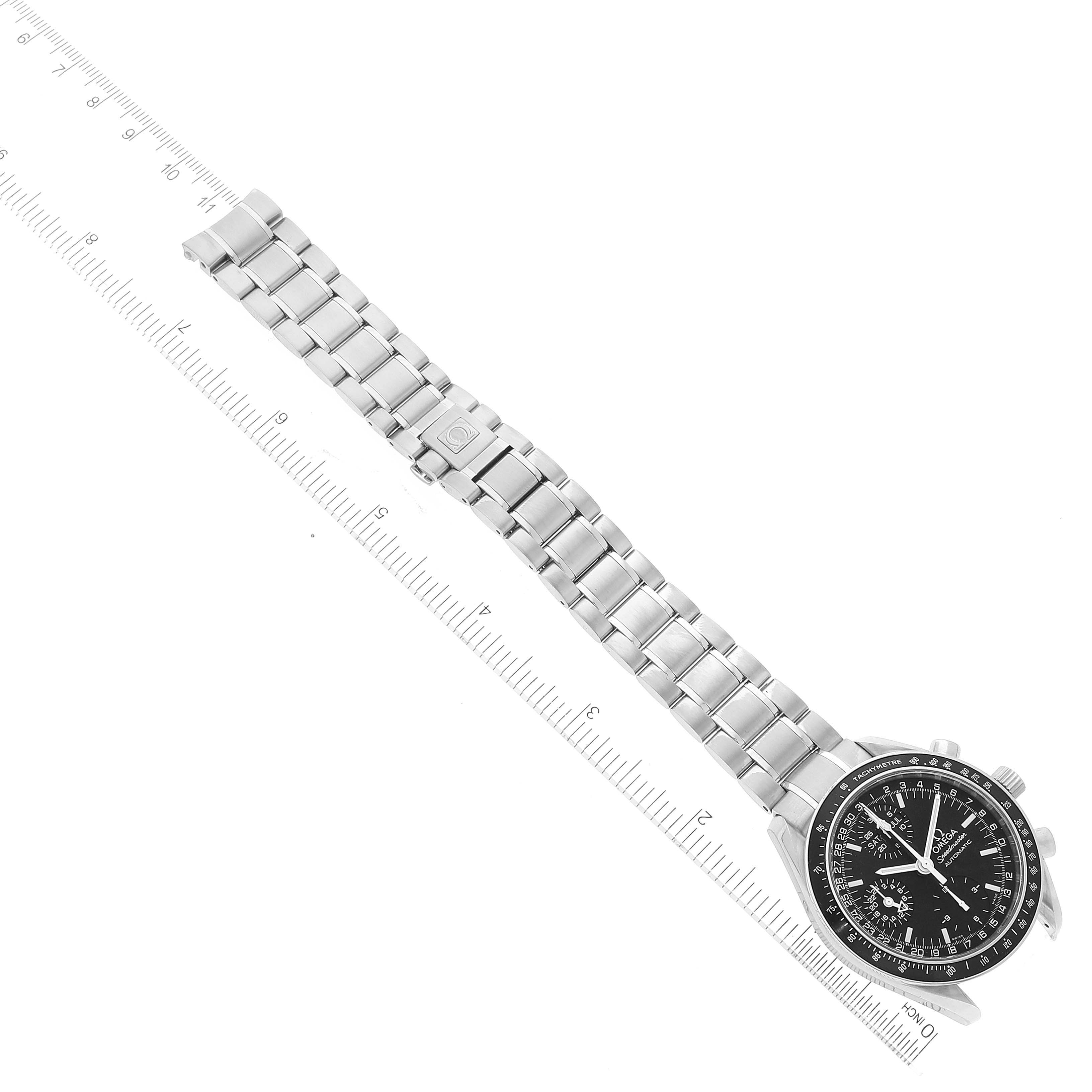 The Omega Speedmaster 3520.50.00 Men
s Stainless Steel Black Dial 3520.50.00 Men
s Stainless Steel Black Dial watch is shown from a top-down angle, displaying its dial, bezel, and metal bracelet.