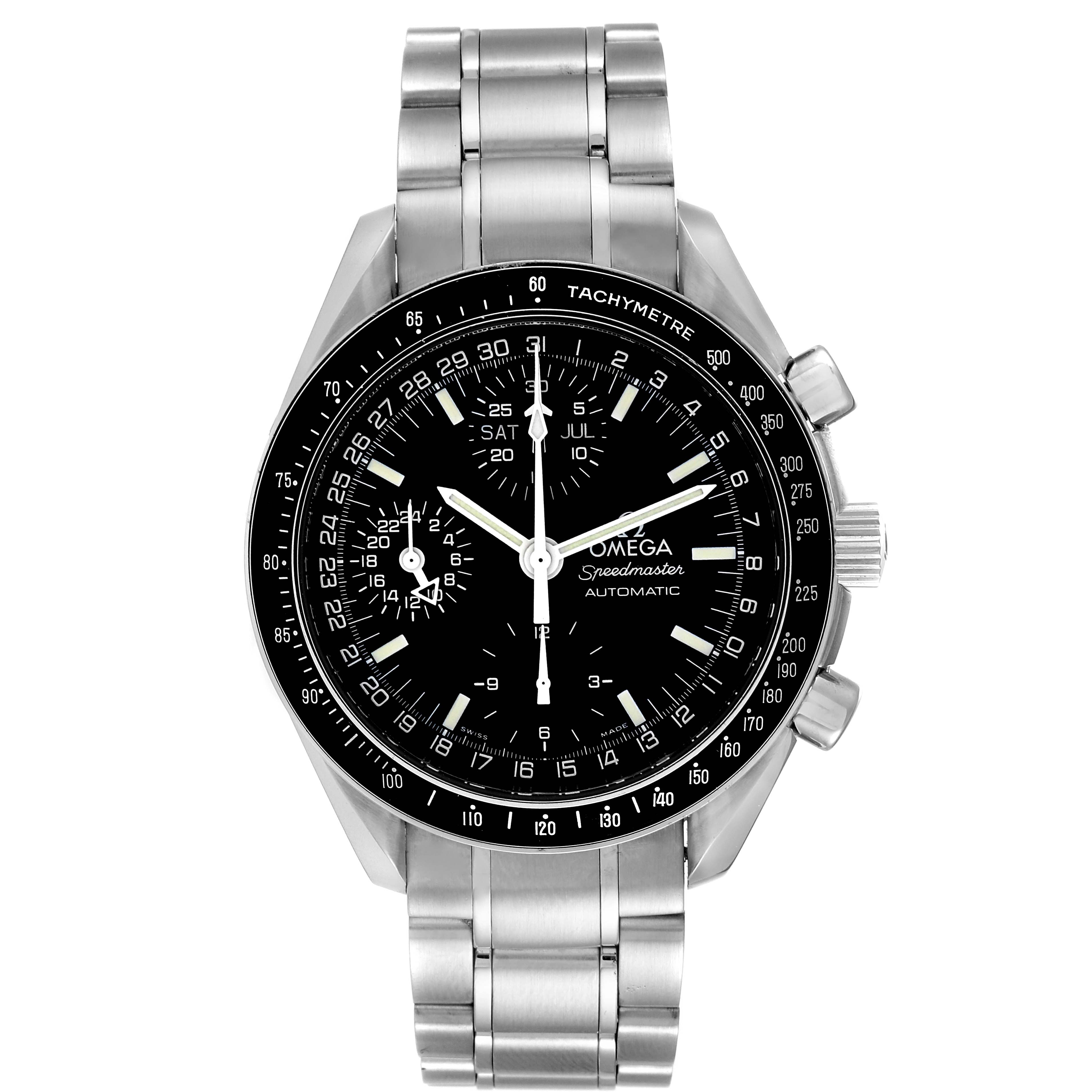 The image shows a front view of the Omega Speedmaster 3520.50.00 Men
s Stainless Steel Black Dial 3520.50.00 Men
s Stainless Steel Black Dial watch, displaying its face, tachymeter, and bracelet.