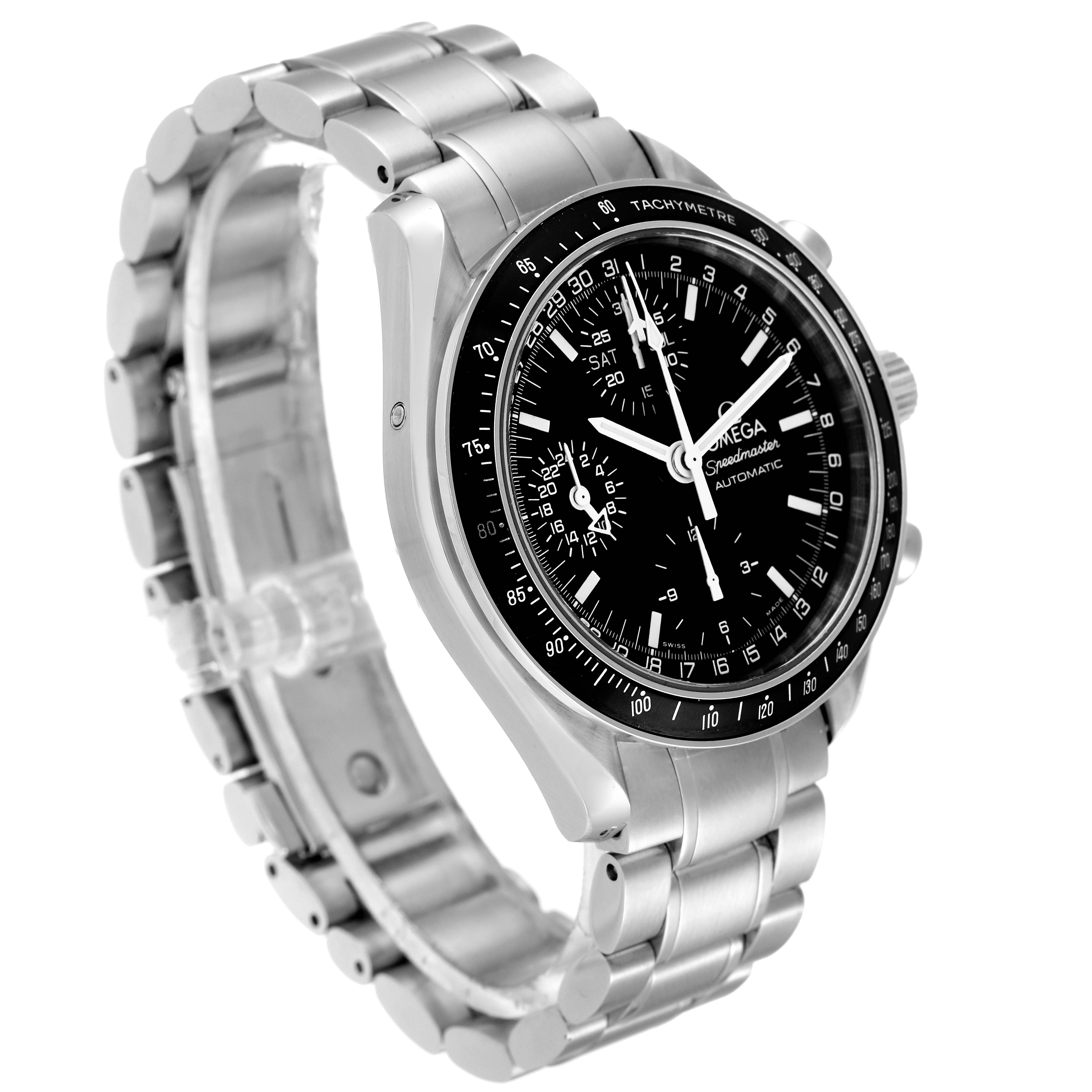 The image shows an Omega Speedmaster 3520.50.00 Men
s Stainless Steel Black Dial 3520.50.00 Men
s Stainless Steel Black Dial watch from an angled side view, highlighting its dial, bezel, and metal bracelet.