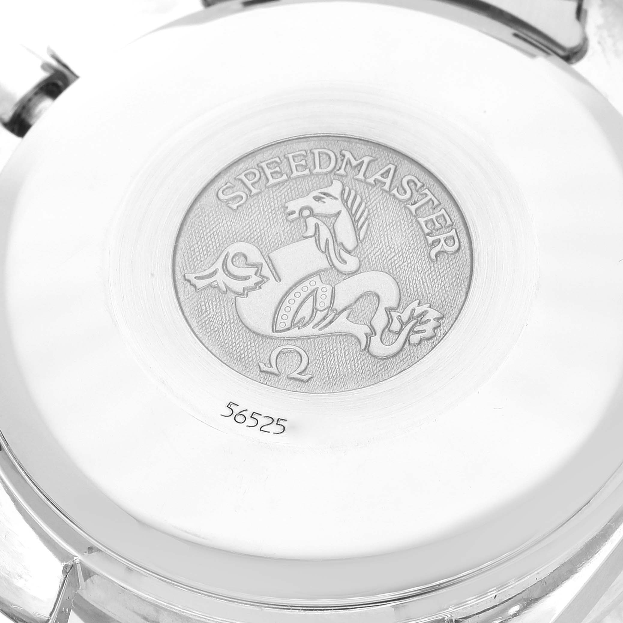 This image shows the engraved case back of an Omega Speedmaster 3520.50.00 Men
s Stainless Steel Black Dial 3520.50.00 Men
s Stainless Steel Black Dial watch.