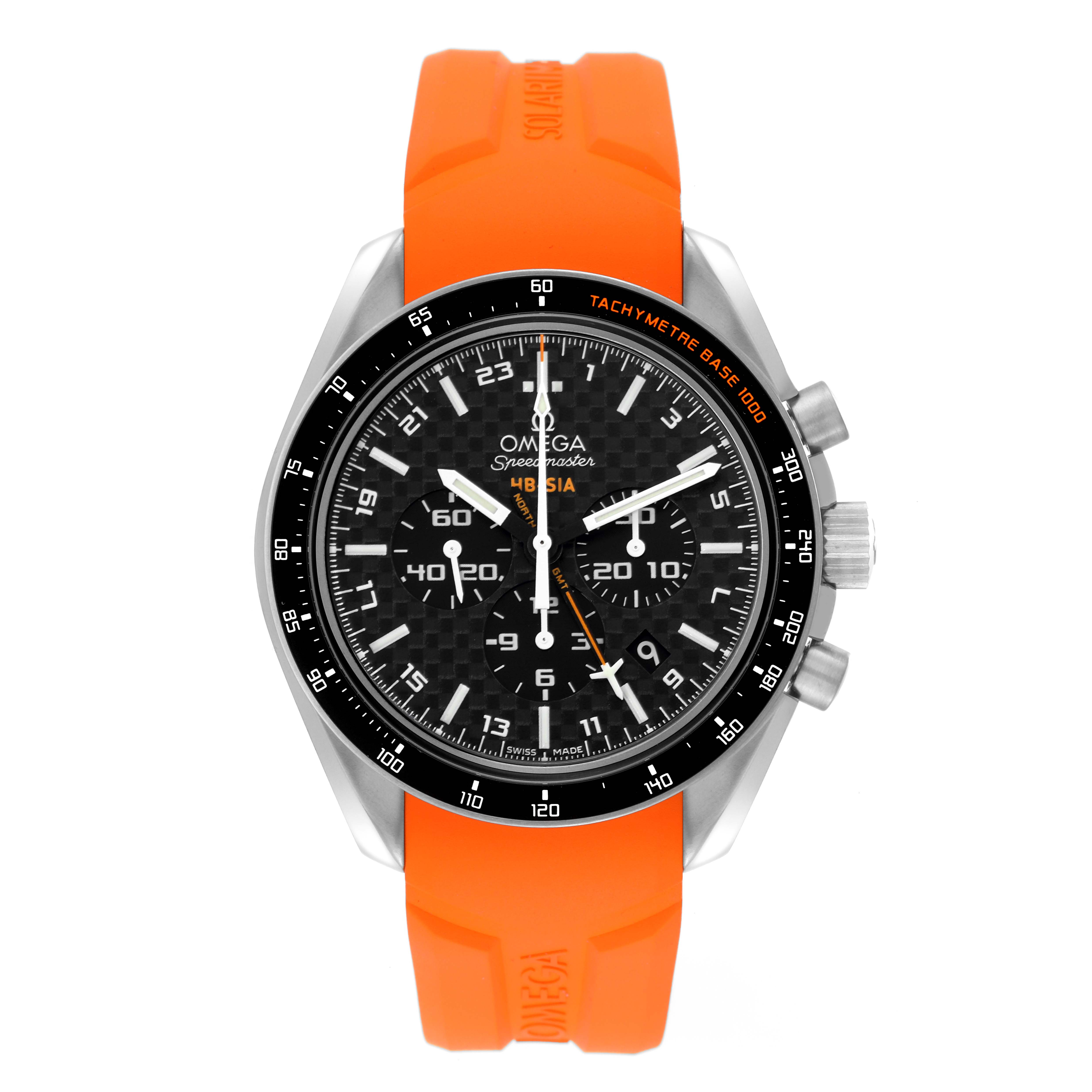 The image shows a front view of an Omega Speedmaster 321.92.44.52.01.003 Men's Titanium Black Dial 321.92.44.52.01.003 Men's Titanium Black Dial watch with an orange strap and a black tachymeter bezel.