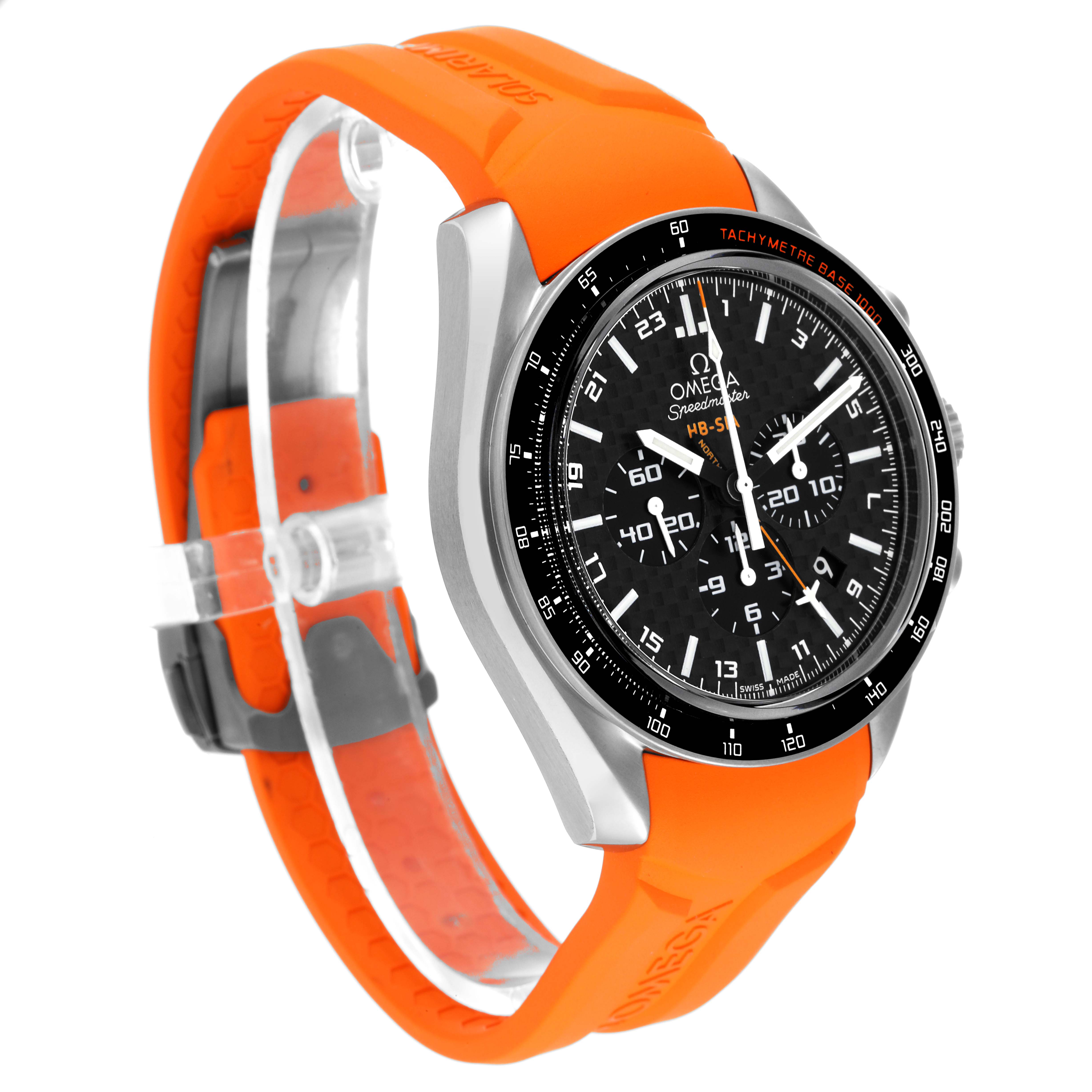 The image shows the Omega Speedmaster 321.92.44.52.01.003 Men's Titanium Black Dial 321.92.44.52.01.003 Men's Titanium Black Dial watch at a three-quarter angle, highlighting its orange strap and black tachymeter bezel.