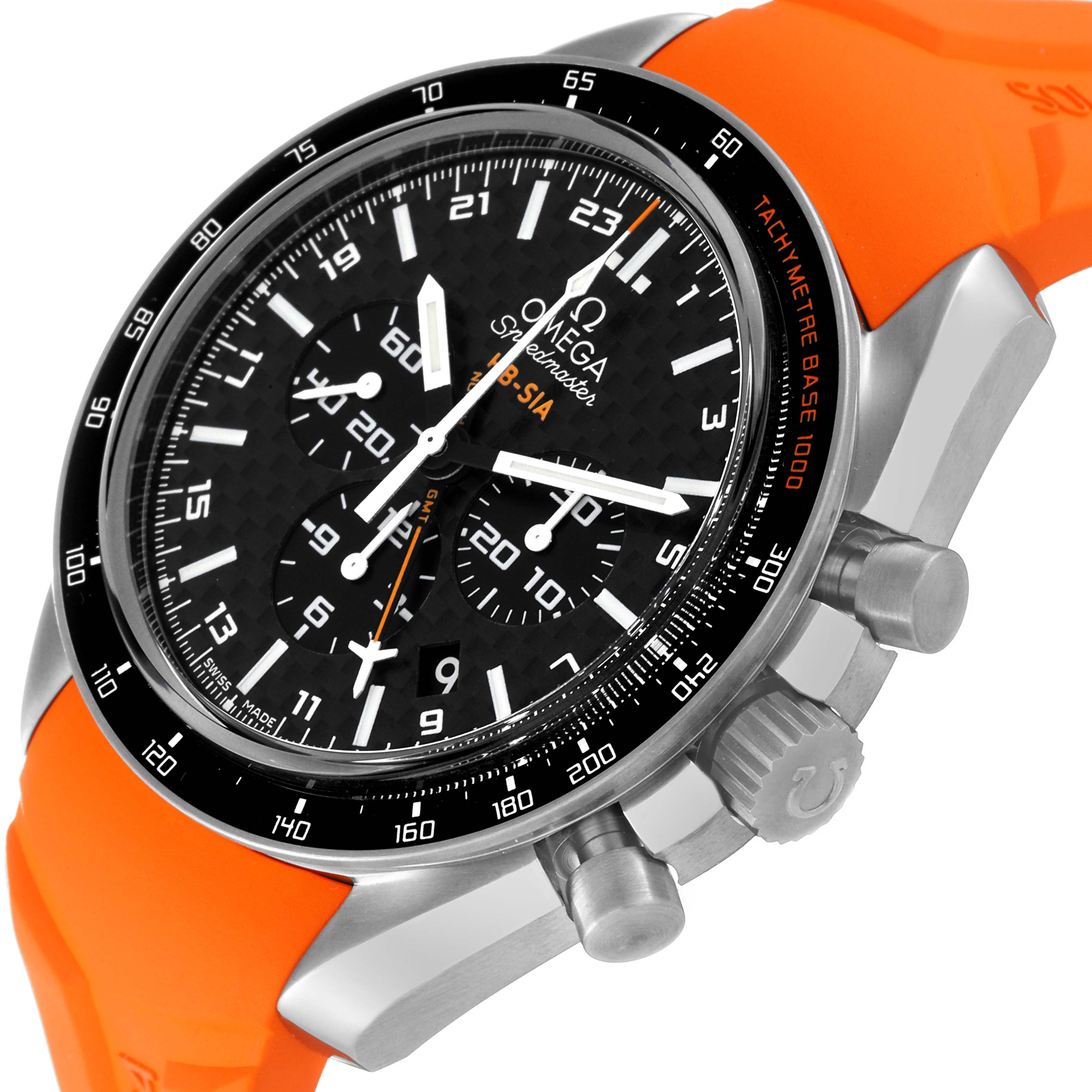 The image shows an Omega Speedmaster 321.92.44.52.01.003 Men's Titanium Black Dial 321.92.44.52.01.003 Men's Titanium Black Dial watch from a front and slightly angled side view, highlighting its orange strap and chronograph dials.