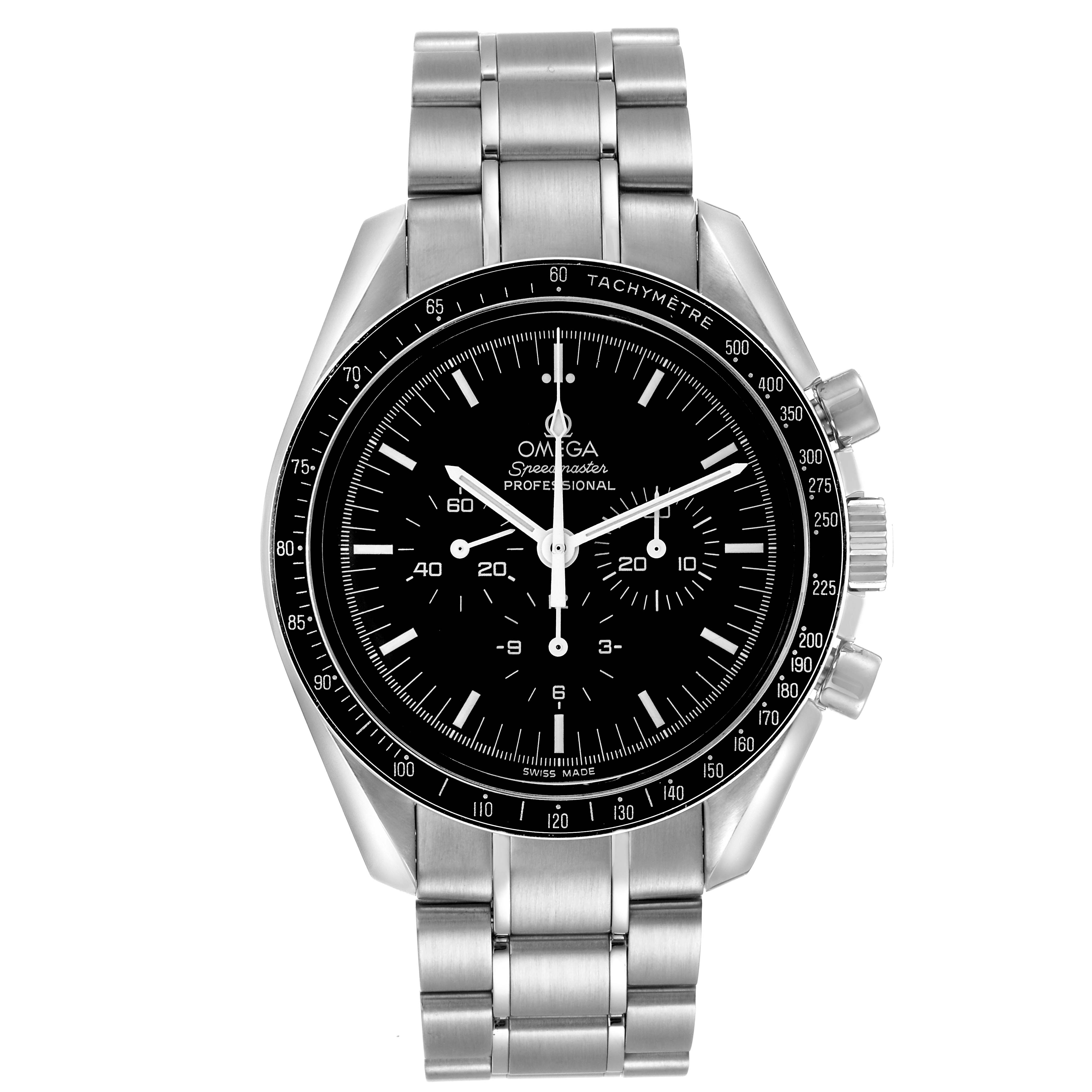 The image shows a frontal view of the Omega Speedmaster 3570.50.00 Men
s Stainless Steel Black Dial watch, displaying its face, tachymeter bezel, and bracelet.
