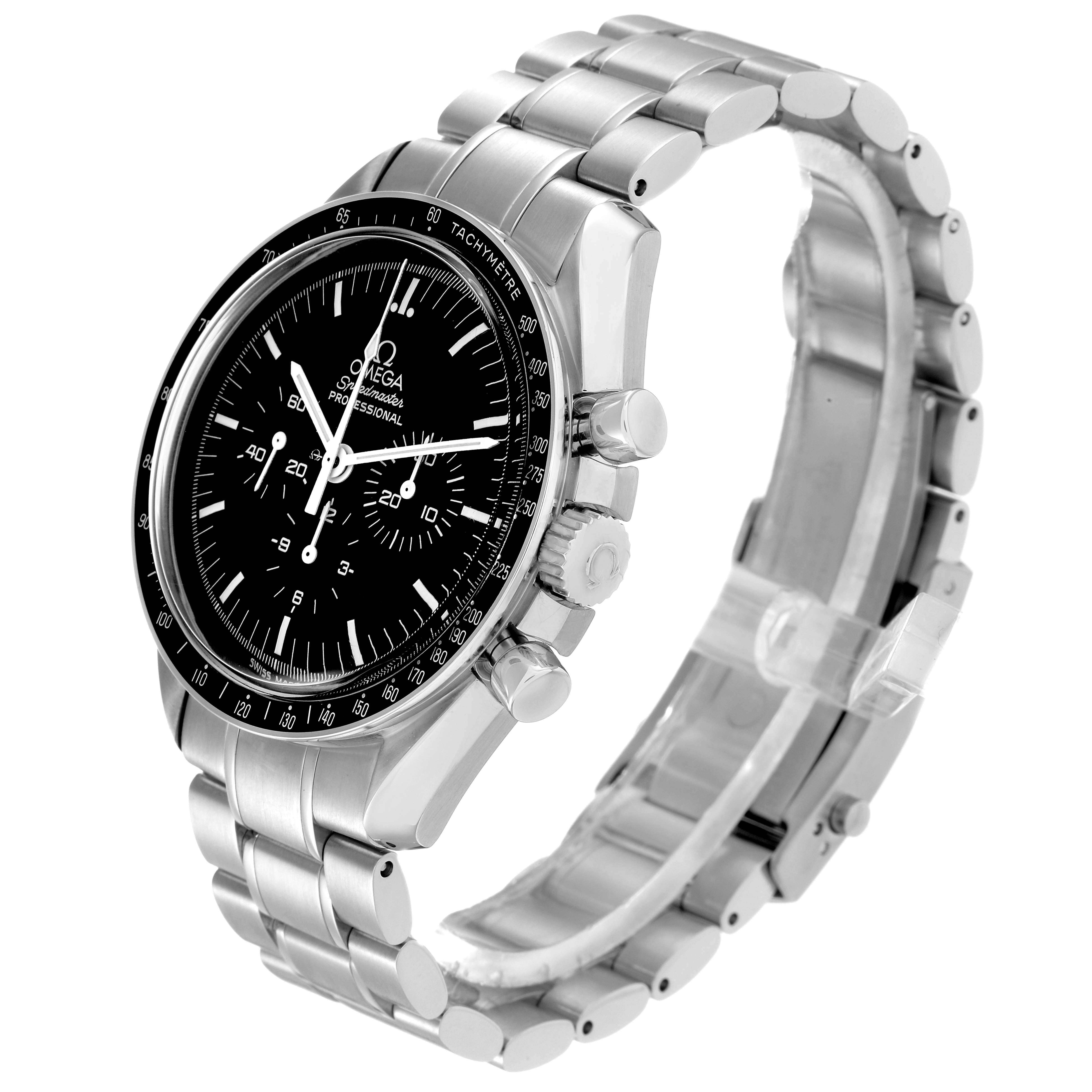 The Omega Speedmaster 3570.50.00 Men
s Stainless Steel Black Dial watch is shown from an angled side view, highlighting the dial, bezel, crown, pushers, and bracelet.
