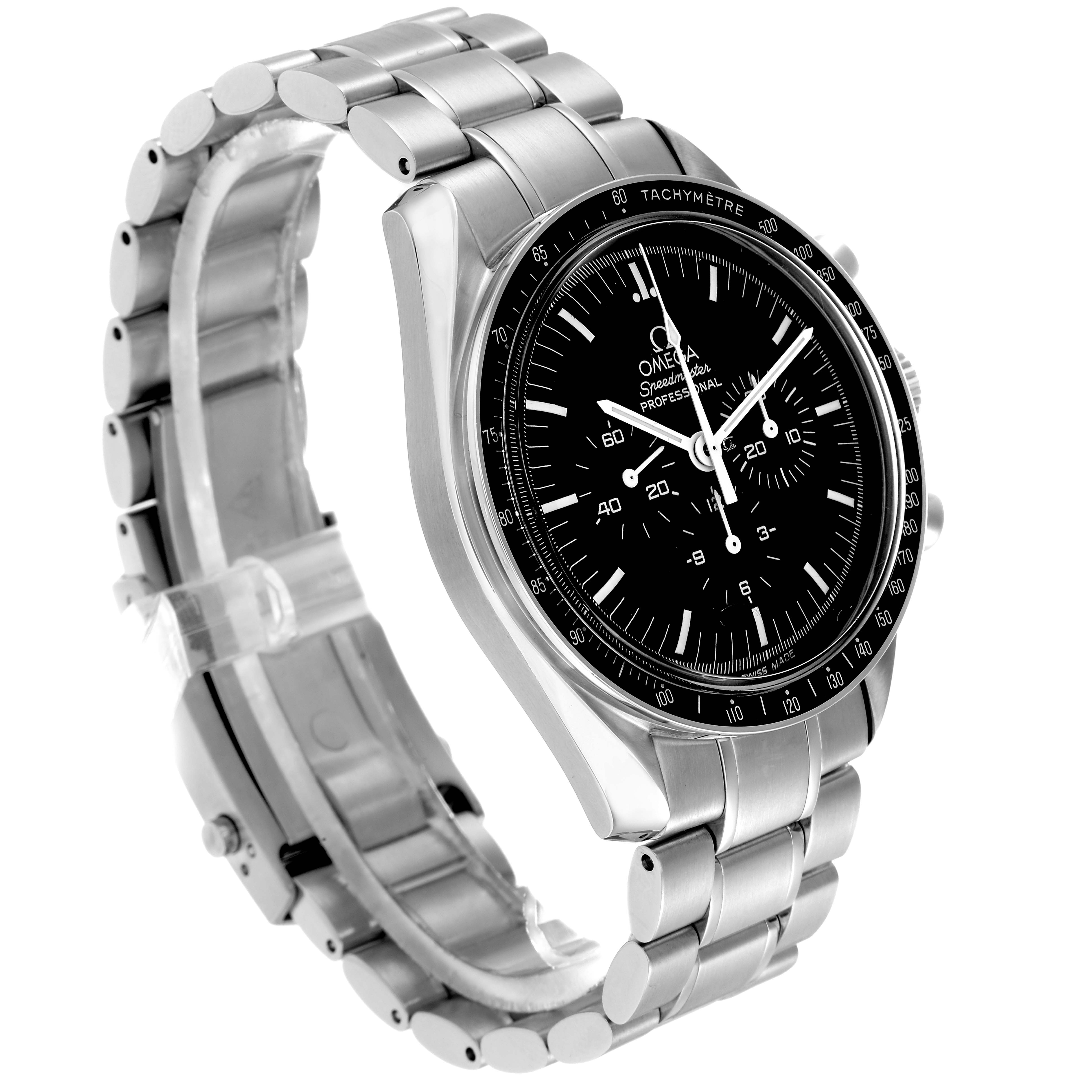The Omega Speedmaster 3570.50.00 Men
s Stainless Steel Black Dial watch is displayed at a three-quarter angle, highlighting its face, bracelet, and tachymeter bezel.