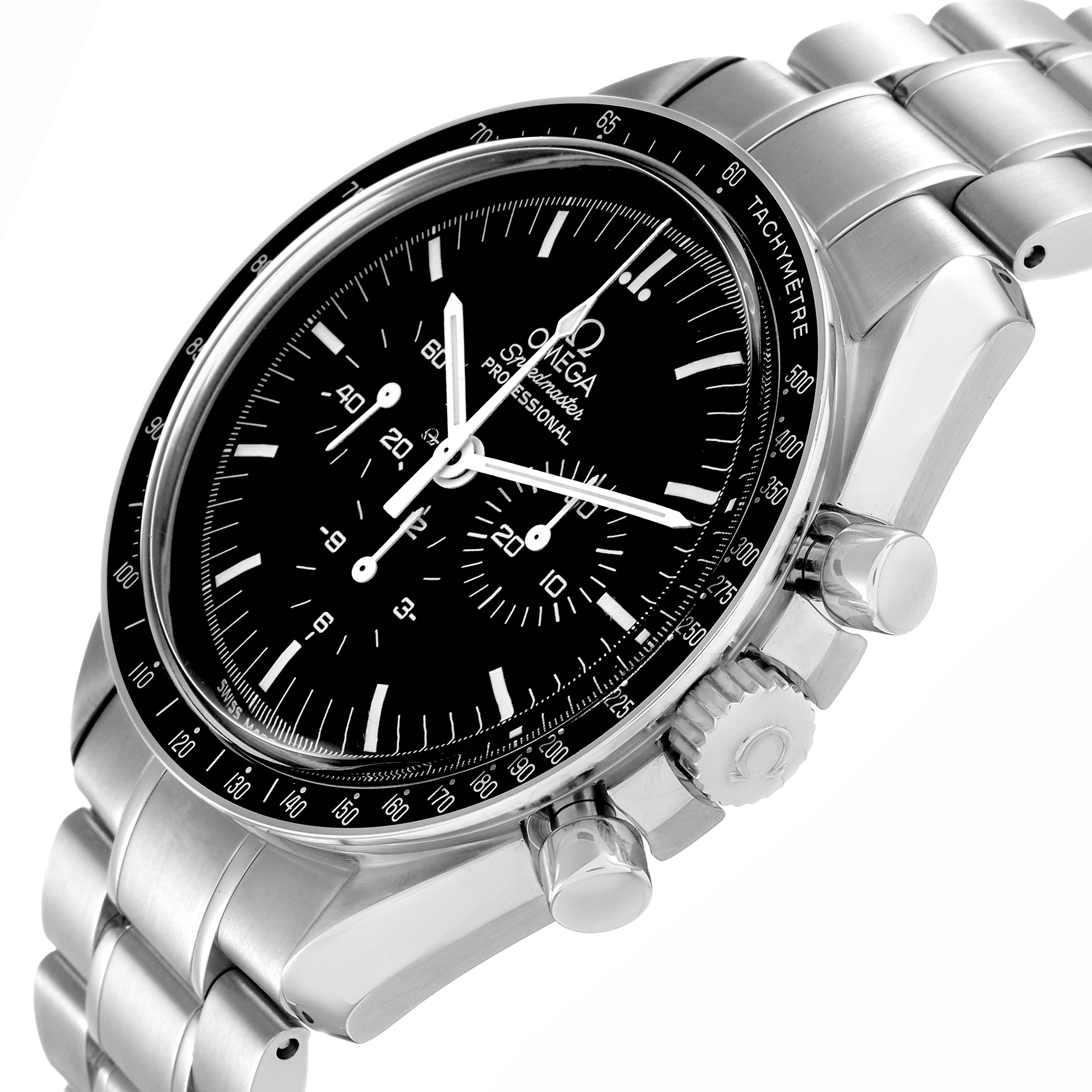 The image shows an Omega Speedmaster 3570.50.00 Men
s Stainless Steel Black Dial from a three-quarter angle, highlighting the dial, bezel, crown, pushers, and bracelet.