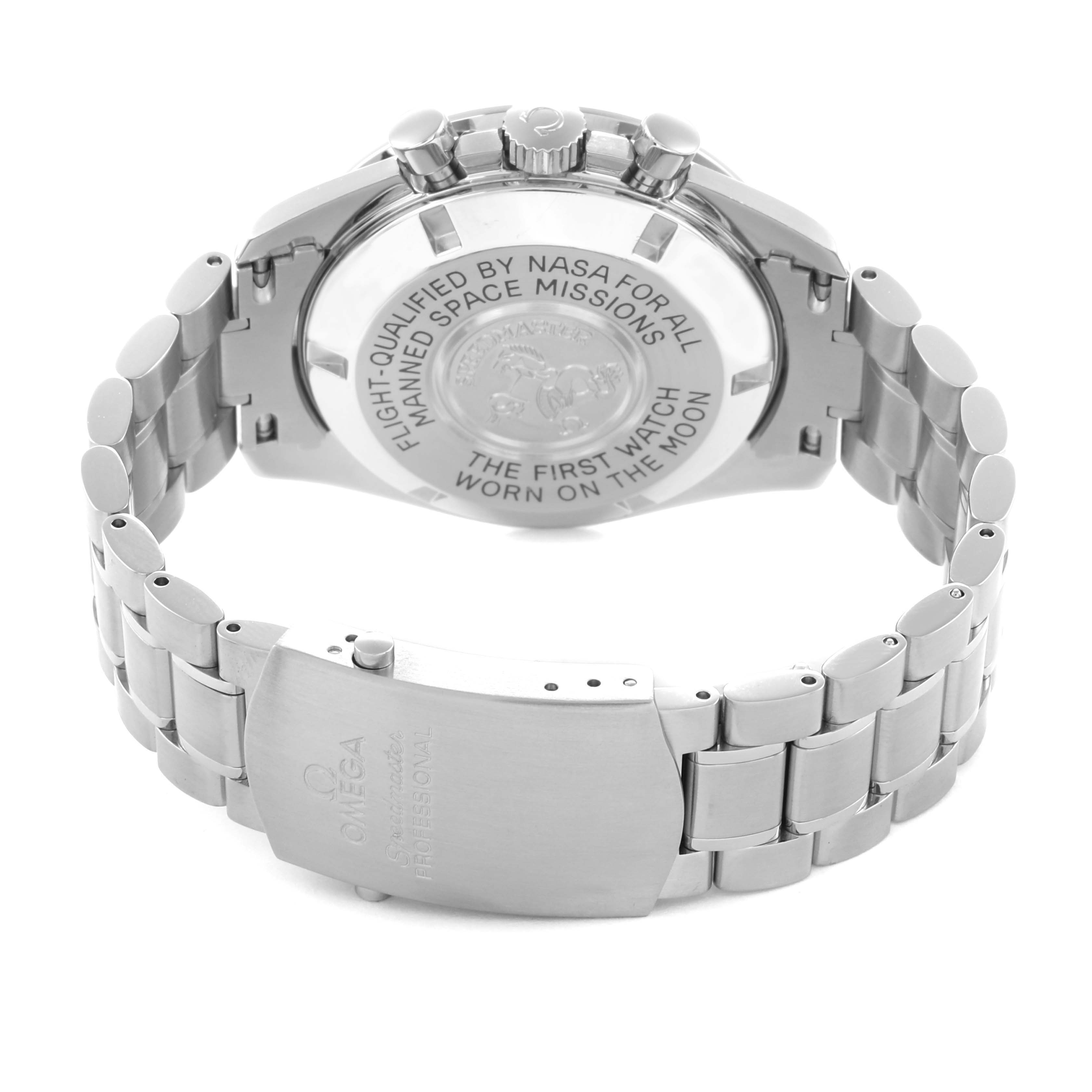 The Omega Speedmaster 3570.50.00 Men
s Stainless Steel Black Dial watch is shown from the back, highlighting the case back and the metal bracelet with its clasp.